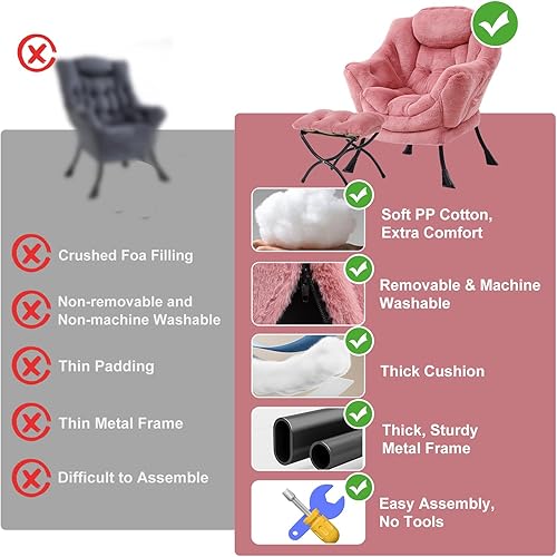 Miniatura 9 de Silla Lazy con otomana, silla moderna con reposapiés plegable, silla de acento de salón, cómoda silla de lectura (rosa oscuro de felpa)
