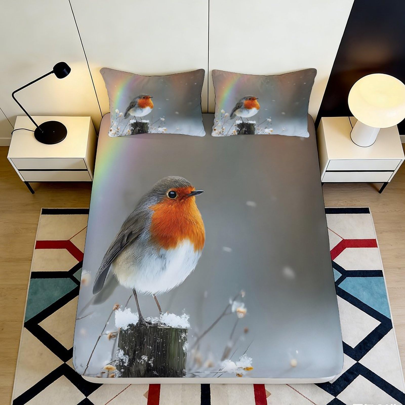 3D Printed Robin Bird Fitted Sheet Microfiber Soft Non Slip Snowy Branch Bed Cover Bedroom Decor Washable 90x200x25cm
