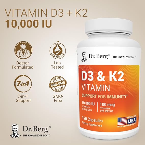 Dr. Berg Maximum Strength 7-in-1 Vitamin D3 K2 10,000 IU | Naturally Derived D3 | 4X Lab-Tested & Verified | High Absorption Formula | K2 D3 Vitamin Supplement | 120 Capsules
