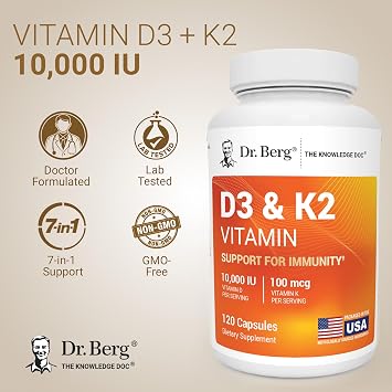 Dr. Berg Maximum Strength 7-in-1 Vitamin D3 K2 10,000 IU | Naturally Derived D3 | 4X Lab-Tested & Verified | High Absorption Formula | K2 D3 Vitamin Supplement | 120 Capsules
