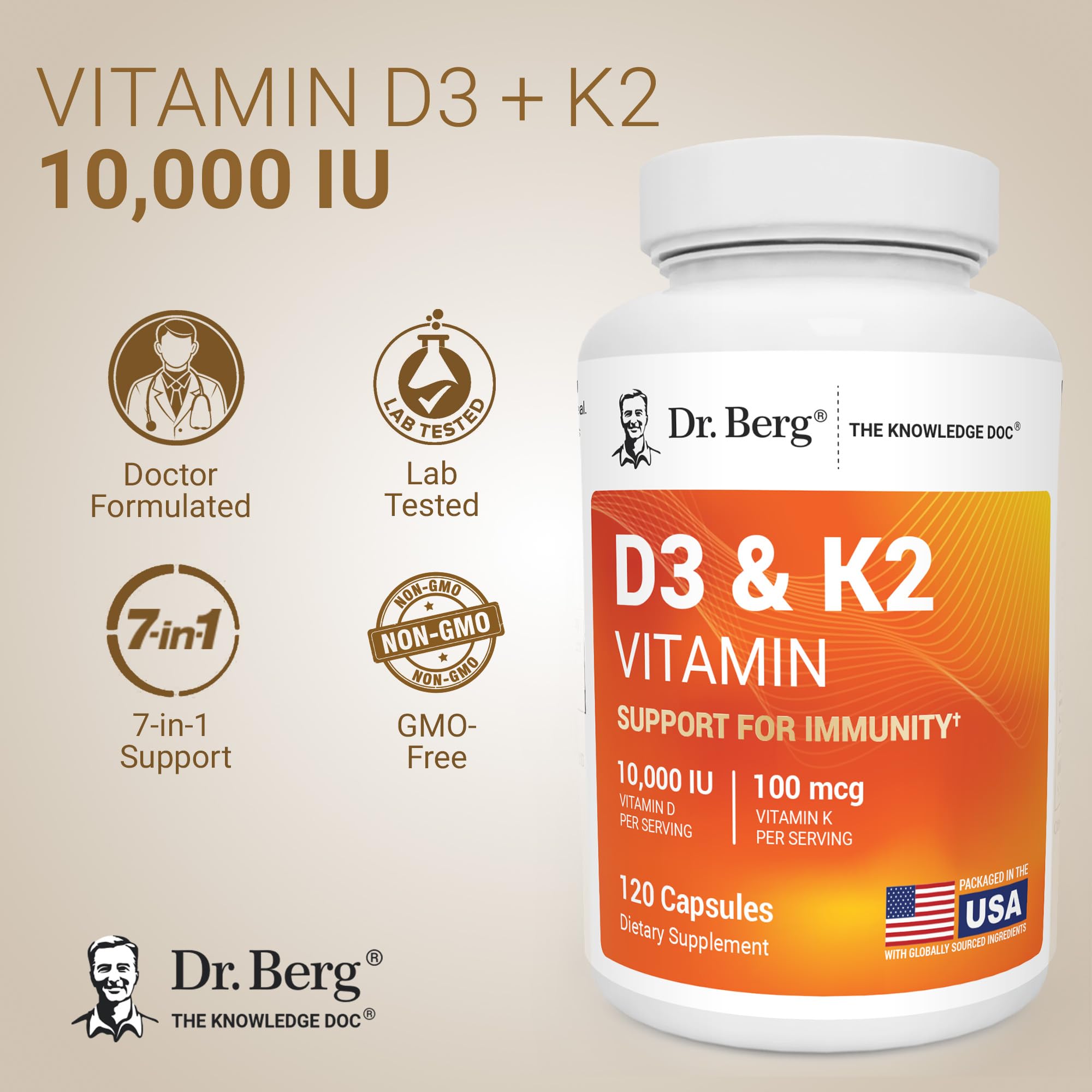 Dr. Berg Maximum Strength 7-in-1 Vitamin D3 K2 10,000 IU | Naturally Derived D3 | 4X Lab-Tested & Verified | High Absorption Formula | K2 D3 Vitamin Supplement | 120 Capsules — Amazon image 2