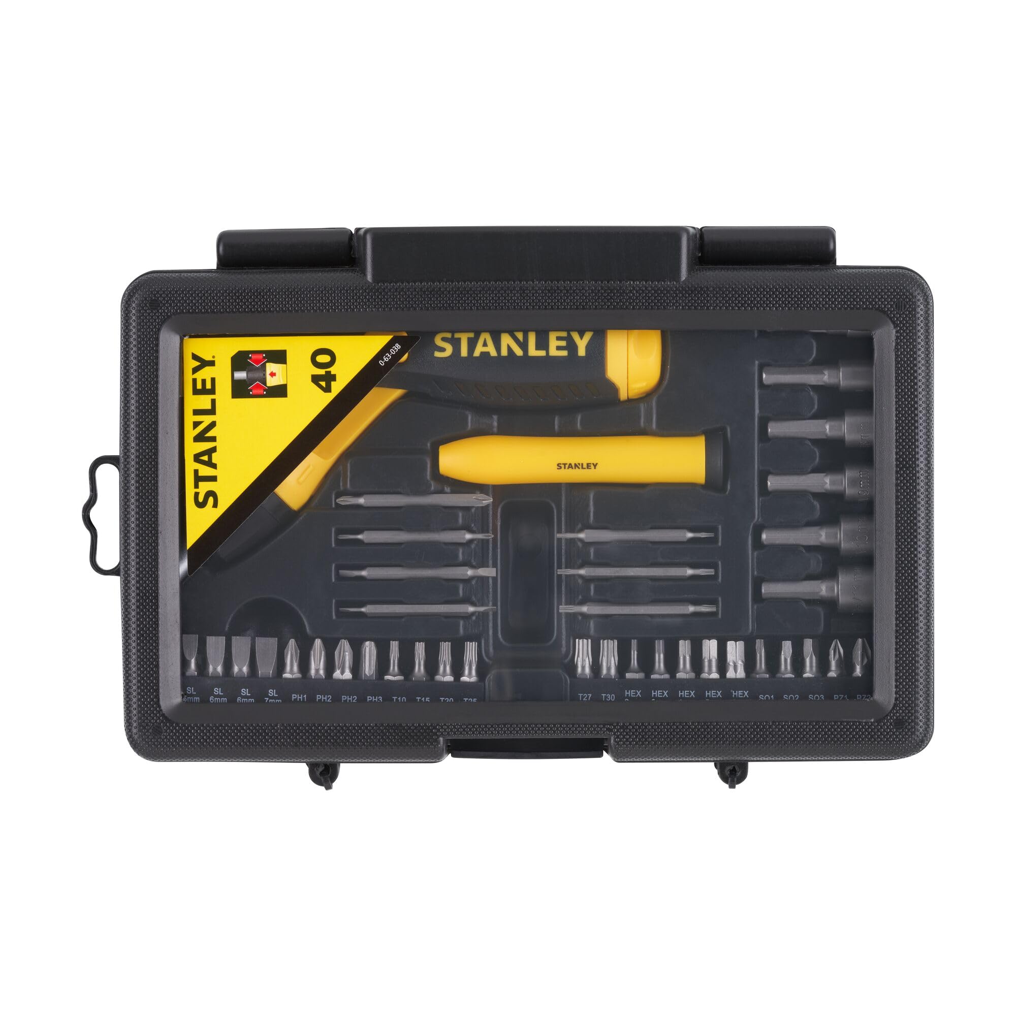 STANLEY Coffret 40 Pièces Tournevis à Cliquet et Accessoires - Cliquet 3 Positions - Réservoir Intégré de 6 Embouts - Tournevis Articulé 3 Positions pour Visser en Tout Confort 0-63-038