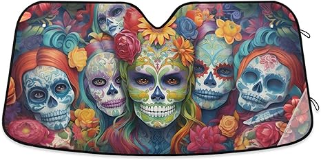 ALAZA Sugar Skulls Day of Dead Car Windshield Sun Shade Front Window Sunshade Cover Sun Shield Visor, 57x31.5 inch