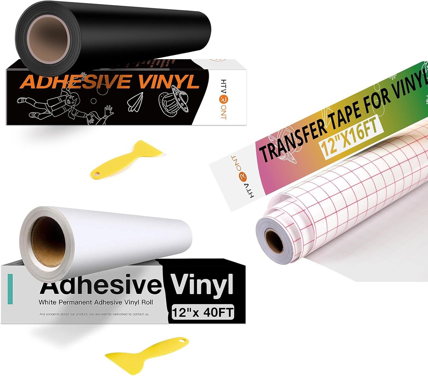 HTVRONT White Permanent Vinyl 12" x 40FT & Black Permanent Vinyl 12" x 40FT & Transfer Tape 12" x 16FT