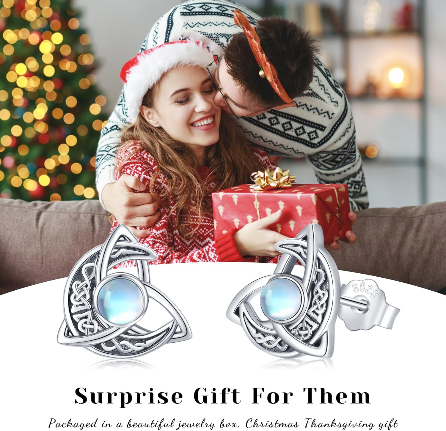 Celtic Moon Stud Earrings 925 Sterling Silver Crescent Earrings Celtic Knot Triangle Vintage Stud Earrings Good Luck irish gifts for women - Image 6