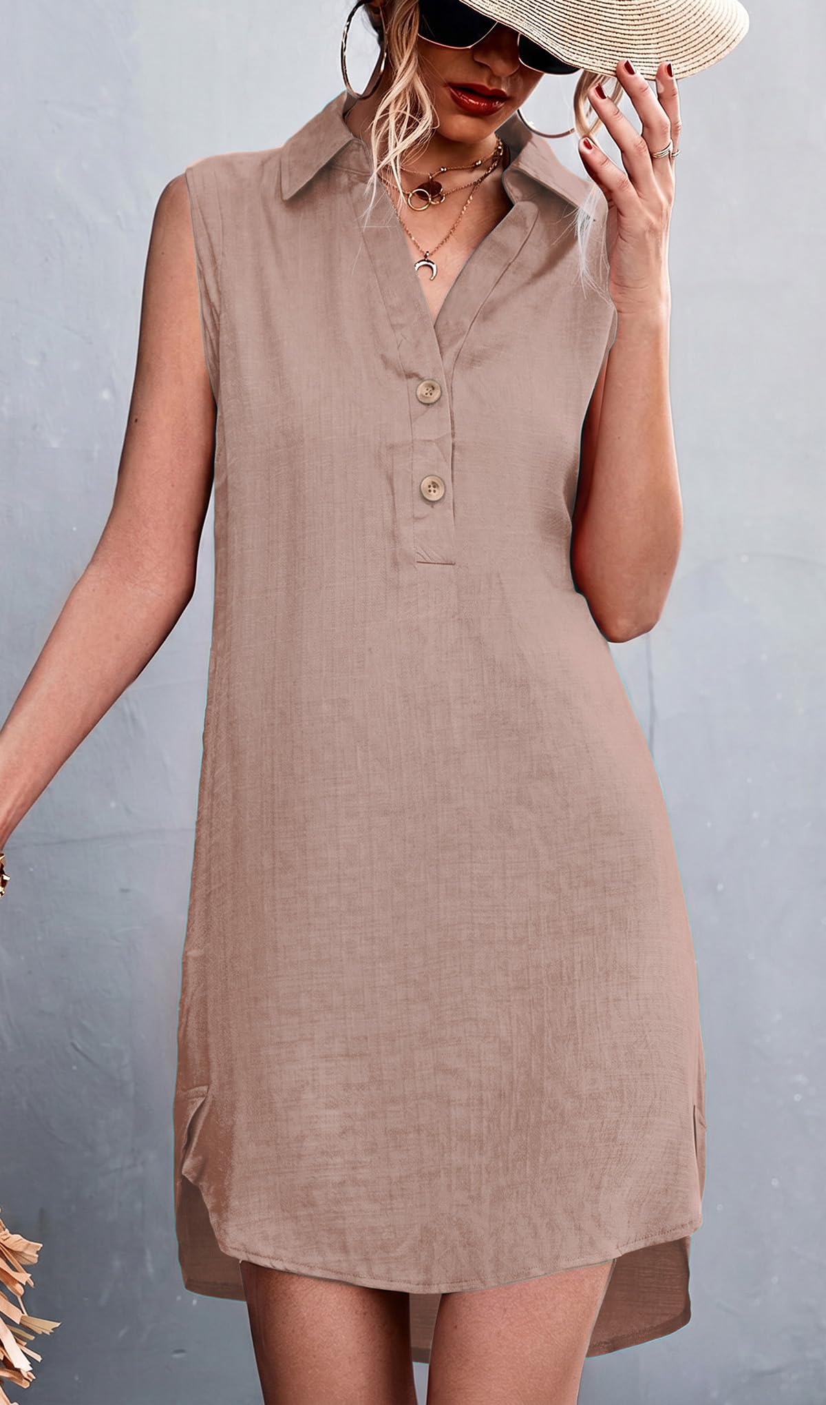 YUTILA Vestido de playa para mujer, sin mangas, de lino y viscosa, holgado, con cubierta de bikini, túnica, informal, vacaciones, playa, ropa de playa