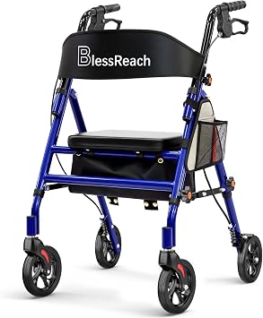 BlessReach Lightweight Foldable Rollator Walker with Seat for Seniors, Blue