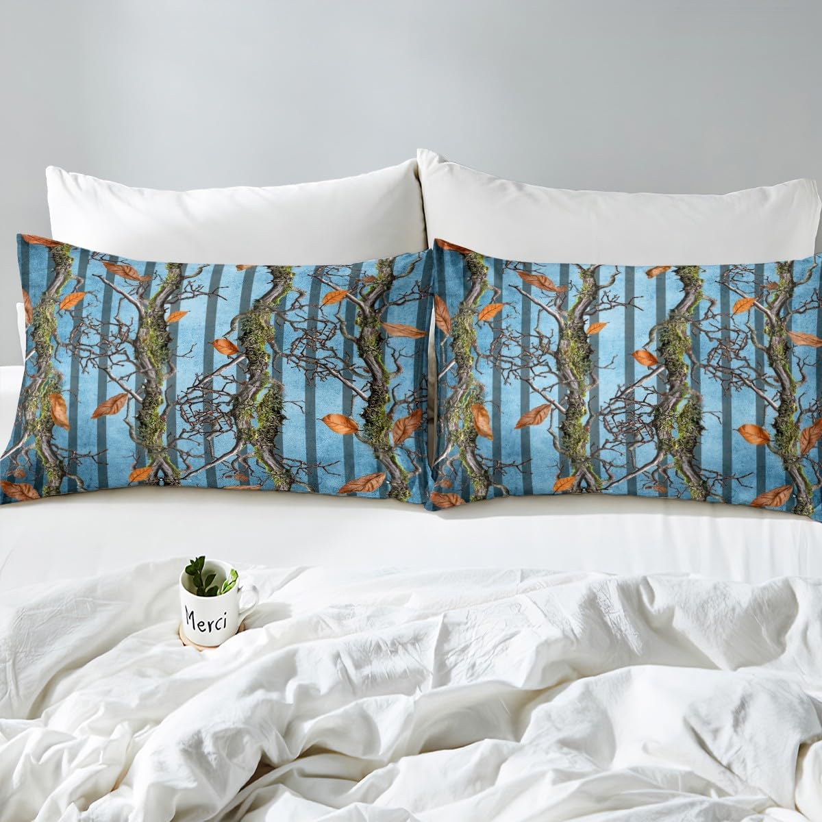 Tree Branches Kids Fitted Sheet Queen Size,Wild Hunting Botanical Leaves Rustic Cabin Bedding Set,Boys Girls Room Decor,Geometric Stripes Patch Bed Cover,Blue Bed Sheet,2 Pillowcases(No Top Sheet)