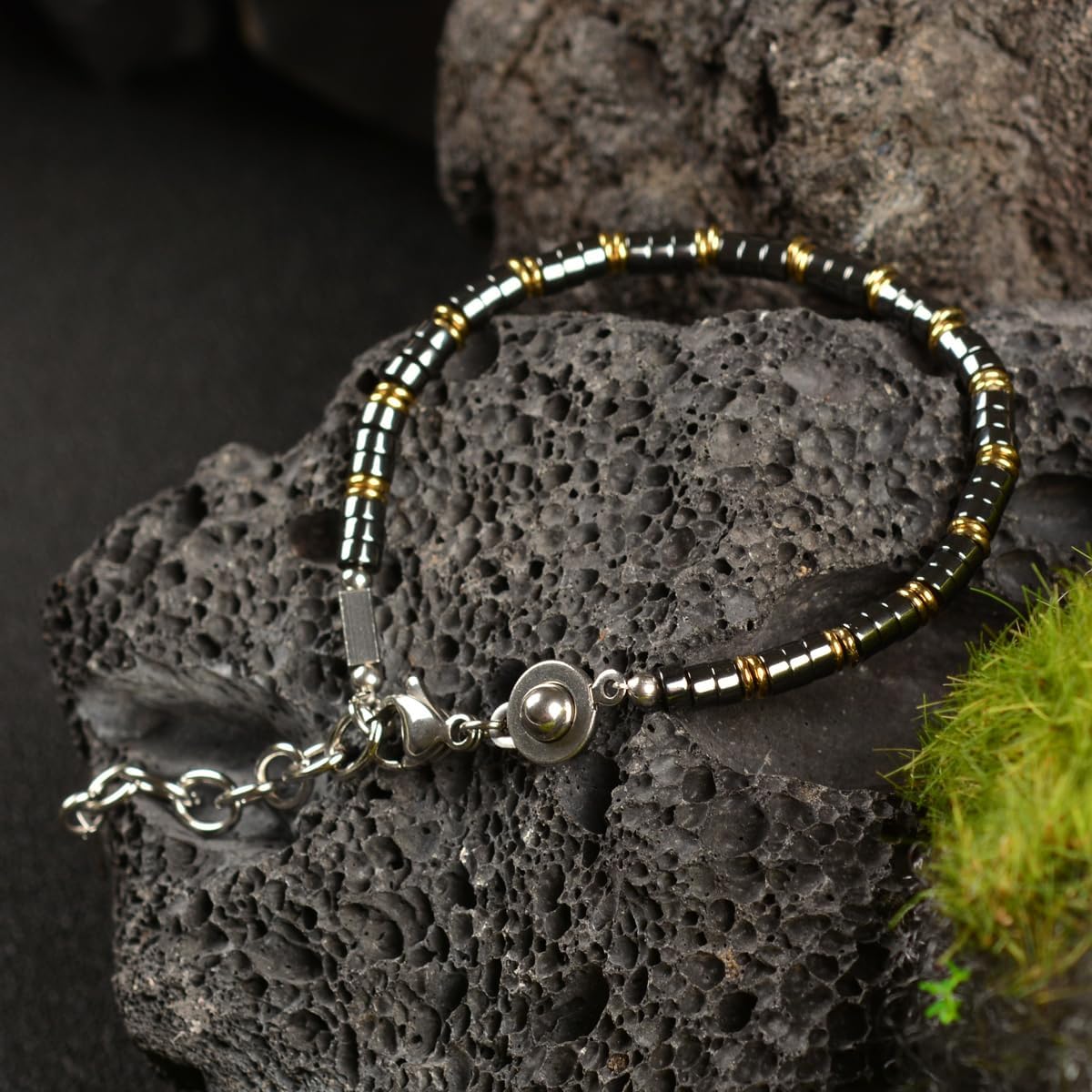 Hematite Beads Bracelet for Men, Dual-Clasp Adjustable Stainless Steel Clasp, Handmade Beaded Jewelry with Gold Accents, Ideal Gift for Dad, Husband, Father's Day, Birthday