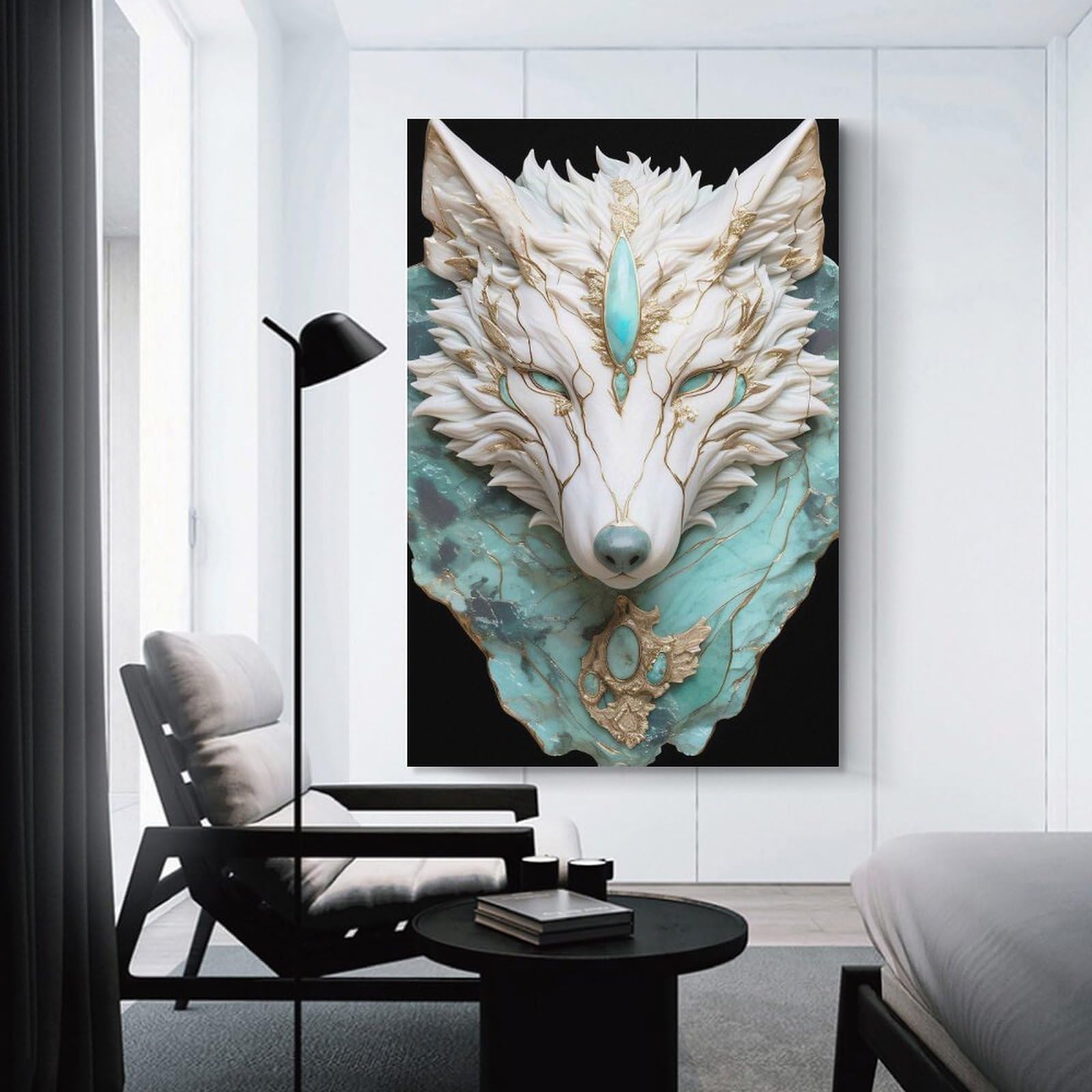 Junmoney White Wolf Head Sculpture with Turquoise And Gold Wall Decor Canvas Print, 24x36inch(60x90cm), for Living Room, Lounge Or Sitting Room, Easy Decor for Gallery Walls