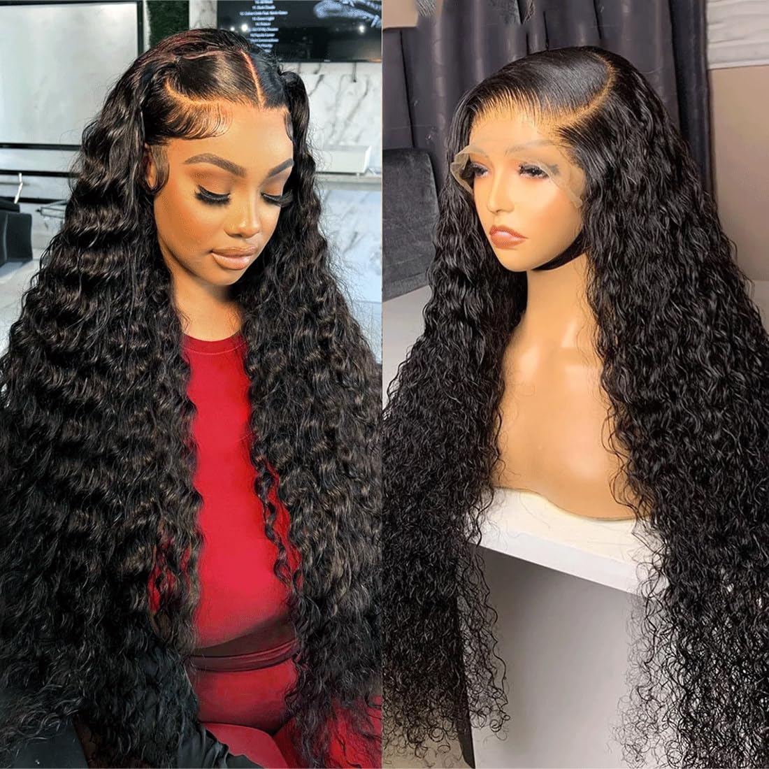 Photo 1 of 220% Density 13x4 Water Wave Lace Front Wigs Pre Plucked with Baby Hair 32 Inch Glueless Wet and Wavy Wigs Human Hair Brazilian Virgin HD Transparent Water Wavy Wigs for Black Women