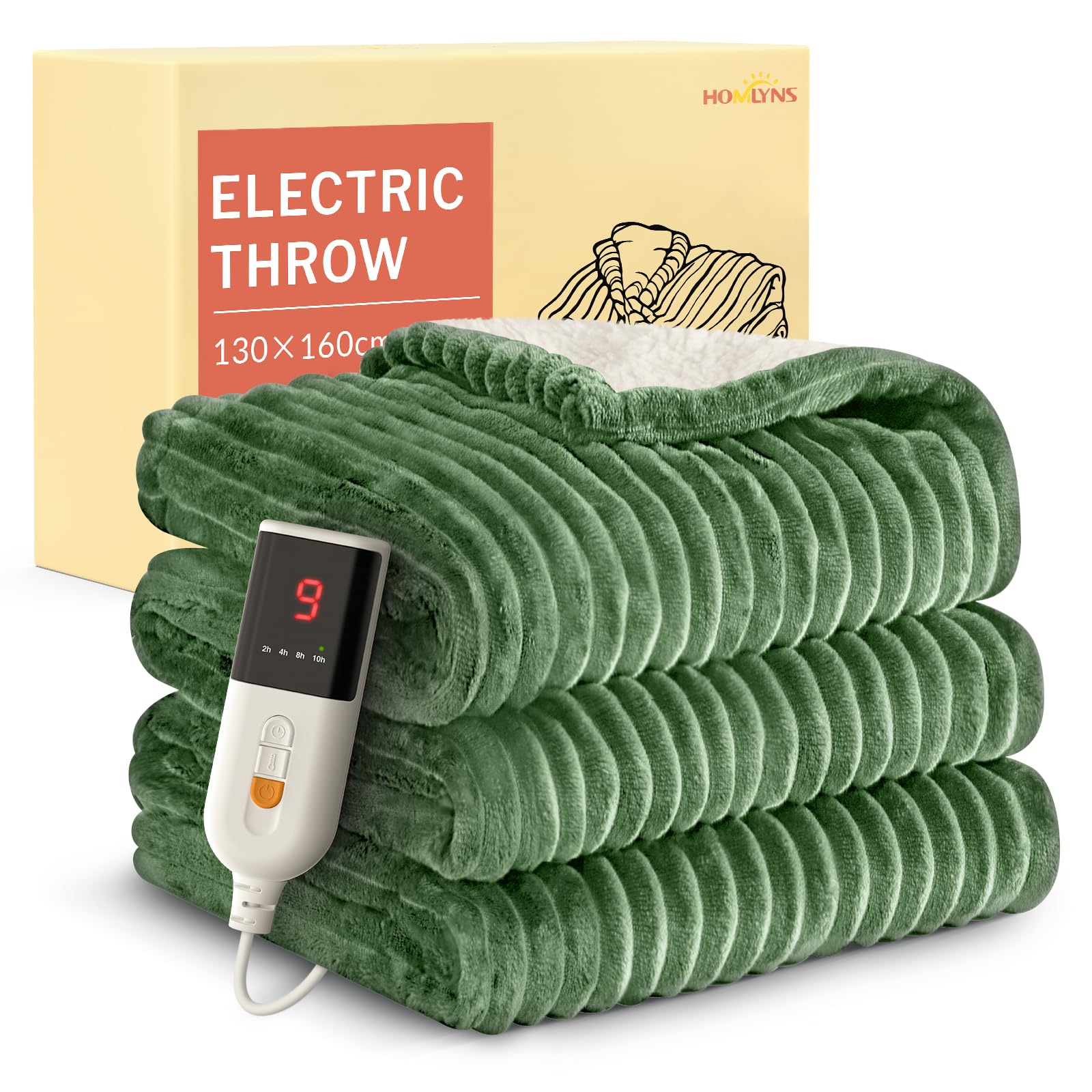 HOMLYNS Electric Heated Blanket Throw, 160 x 130cm Cozy Soft Flannel & Sherpa Heating Blankets with 9 Fast Heat Levels & 2-10 Hours Timer, Warm Gifts for Women Mom Grandma, UKCA Certified, Green