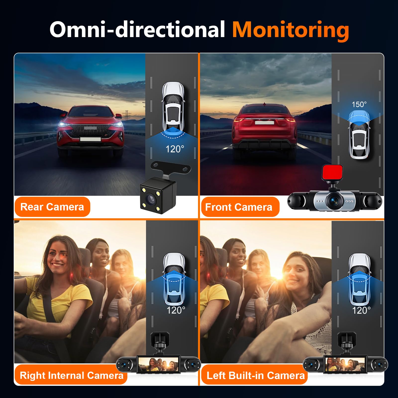 Mirror Dash Cam 4 Channel Front Rear, 3,16" Rückspiegel Kamera mit G-Sensor/Parking Monitoring/Night Vision/24H Parking Mode 360 Grad Schutz+ 64GB Karte
