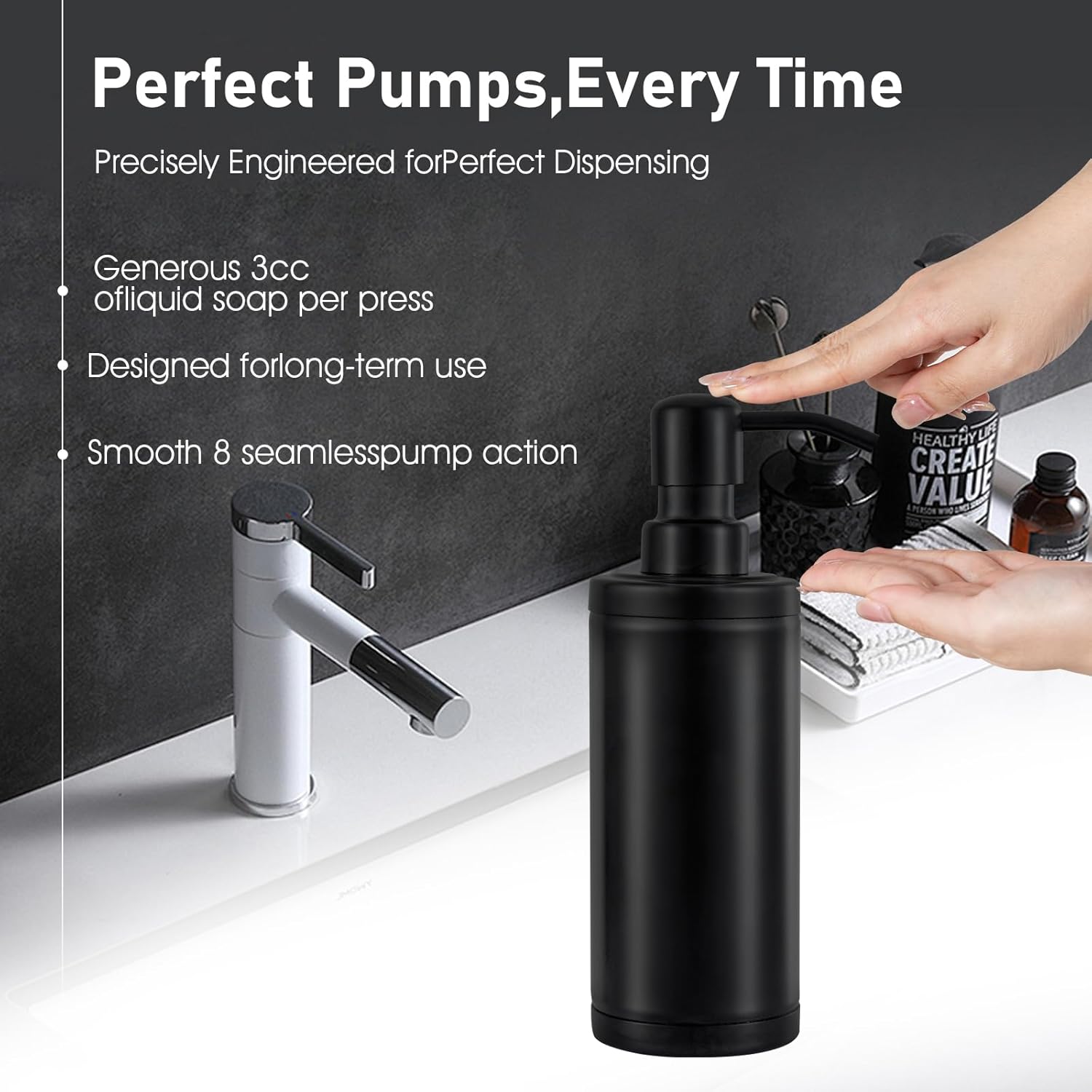 GAPPO Matte Black Soap Dispenser Stainless Steel Metal Pump Hand Lotion Bottle for Bathroom, Bedroom and Kitchen(300ML/10.15Ounce) - Image 3