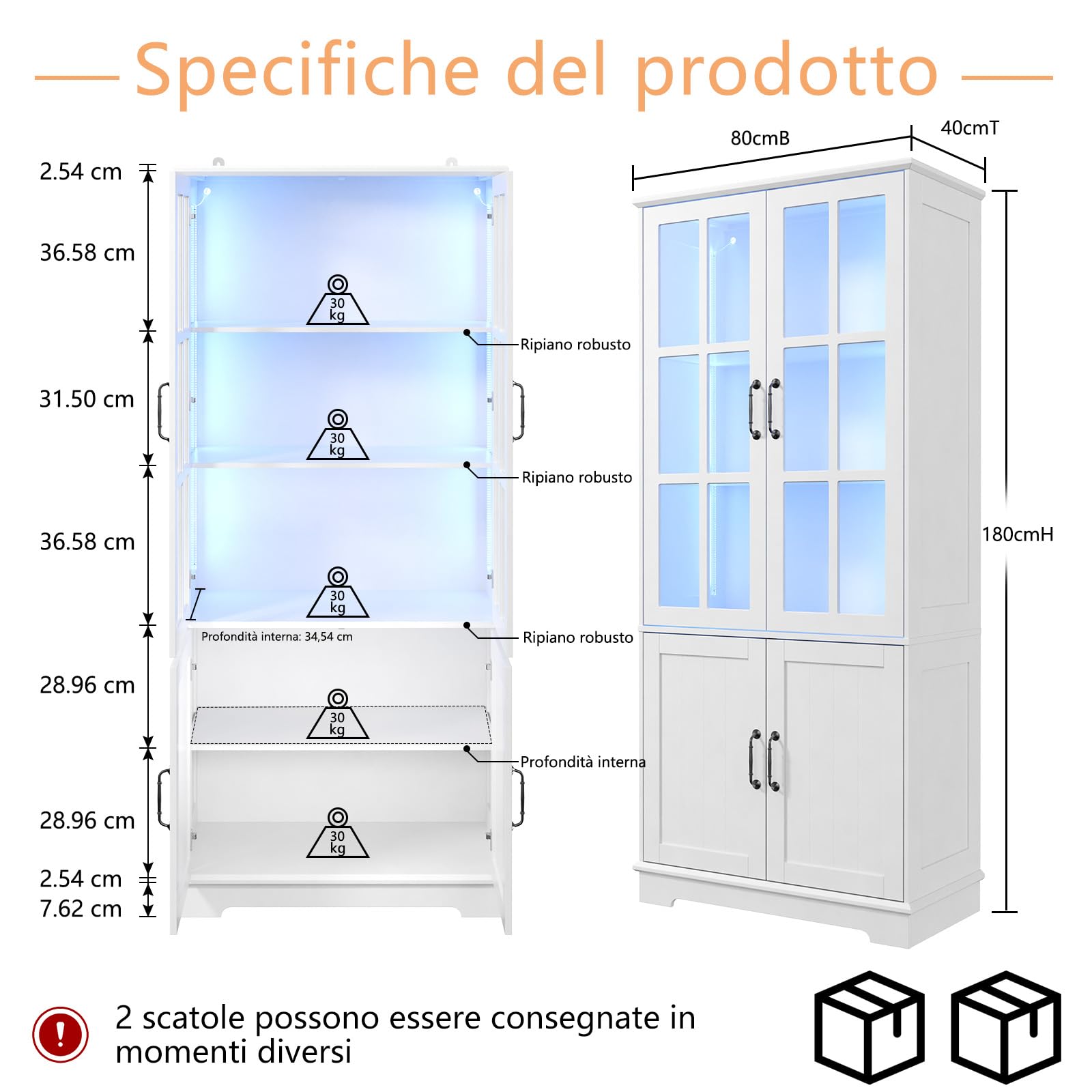 LUXOAK Armadio vetrina con illuminazione LED e maniglie retrò, armadio alto bianco 180 cm di altezza, 4 ante con finestre in acrilico e 5 ripiani, armadio moderno per soggiorno e cucina