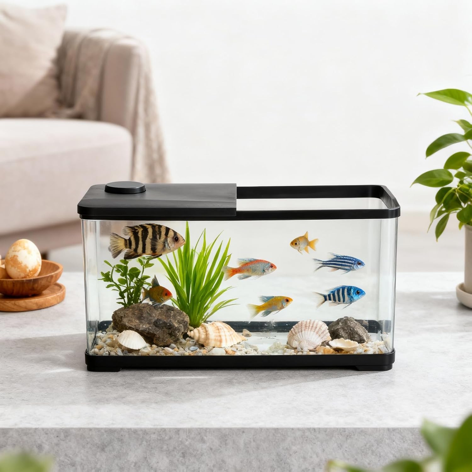 GarveeLife 13 Gallon Small Fish Tank, Goldfish Tank kit with LED Light, Lid, Plastic Fish Tank for Goldfish, Beta, Shrimp, Black-With Lid, 13 Gallon