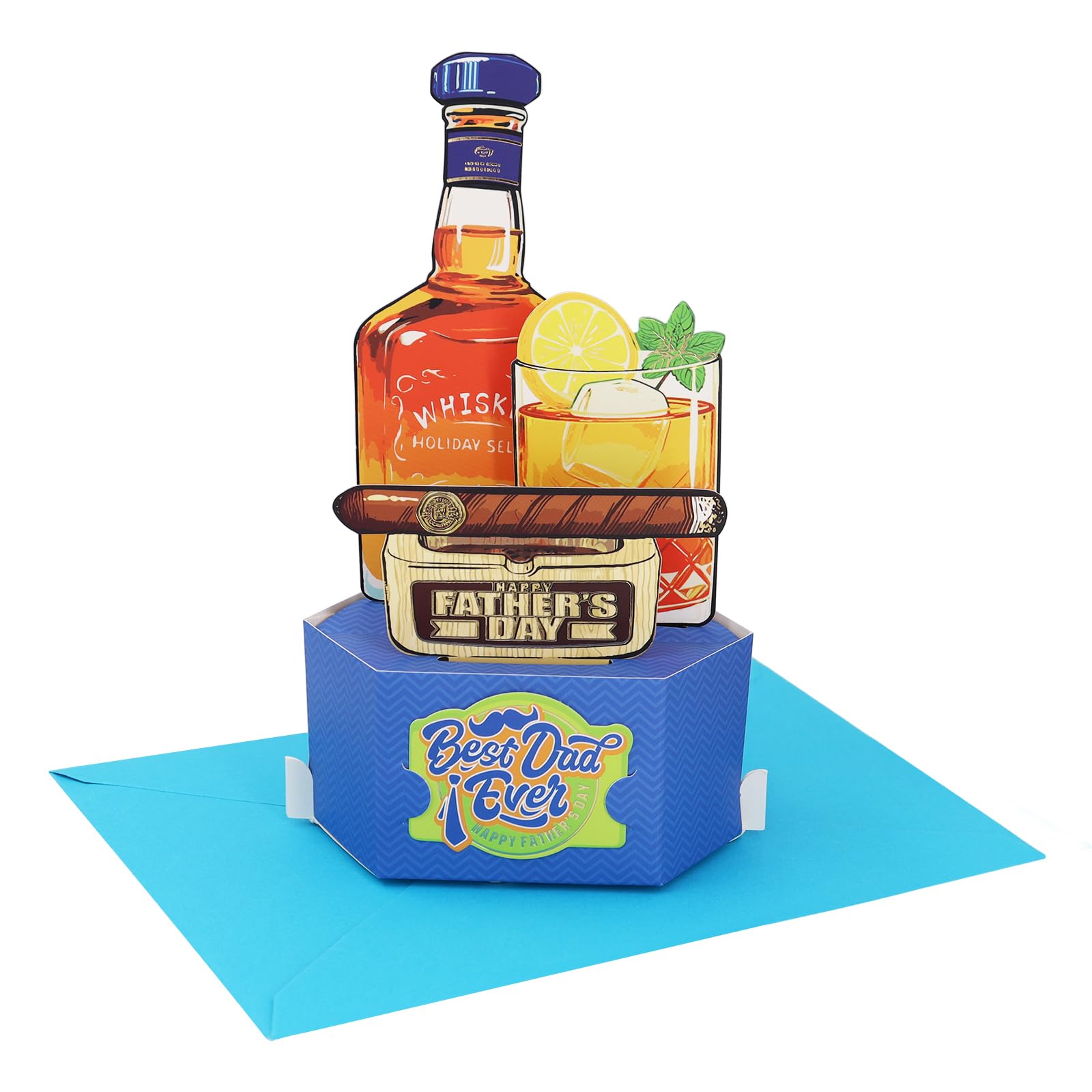 WenYa Father's Day Pop-Up Card for Dad, 3D Whisky & Cigar Design, Funny Best Dad Ever Greeting Card with Envelope, Unique Gift for Him, Husband, Grandad