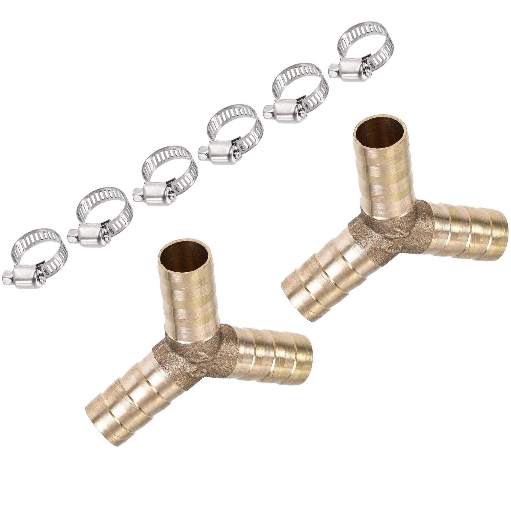 Unifizz 2Pcs Brass Barb Hose Fitting 10mm Y Shape Barbed Splitter Fitting Splicer with 6Pcs 6-12mm Hose Clamps for Water Fuel Air
