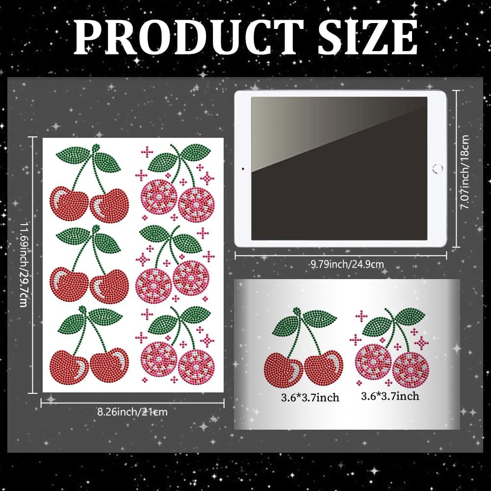 MAYJOYDIY Red Cherry Rhinestone Iron on Decal Fruits Crystal Hotfix Transfer Sticker Bling Clothing Repair Heat Transfer Applique for Clothing Repair T-Shirt Jacket Garment Bag DIY Decor