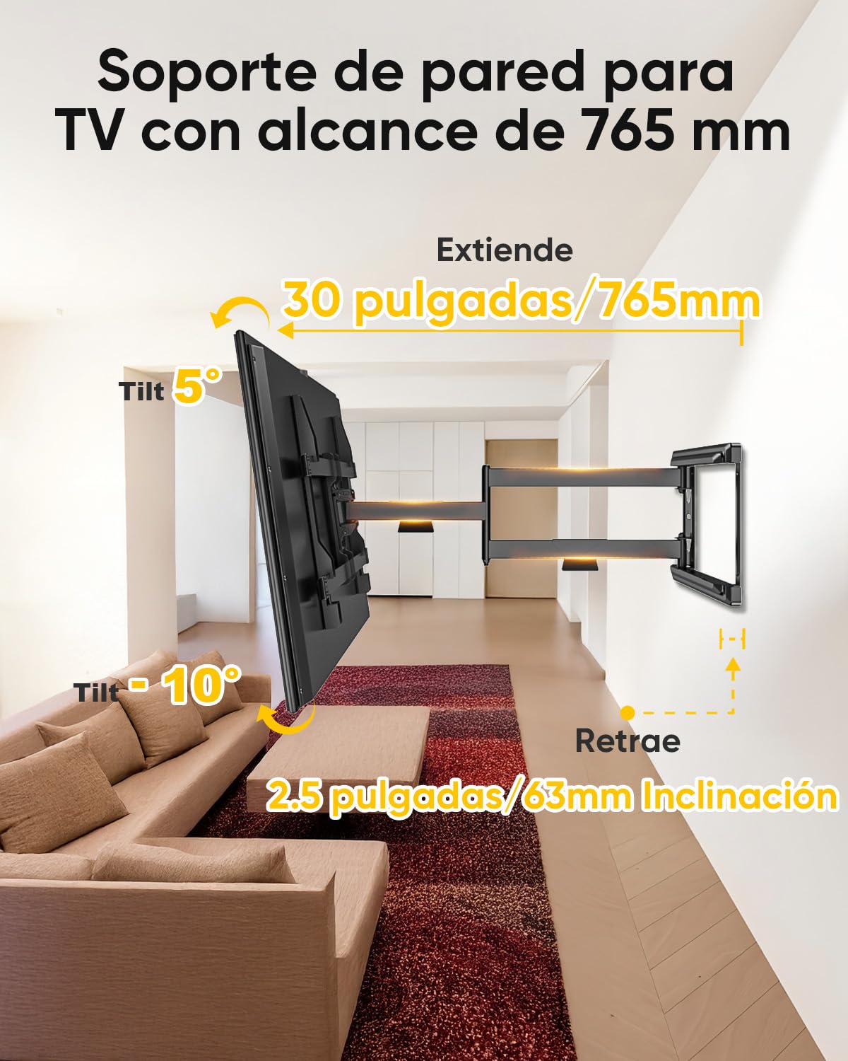 FORGING MOUNT Soporte TV Pared con Brazo Articulado Largo de 765mm para Pantallas de 37-75" de Planos/Curvos LCD/LED/OLED, hasta 45kg, Soporte Pared TV con Giratorio e Inclinable, Máx VESA 600x400mm