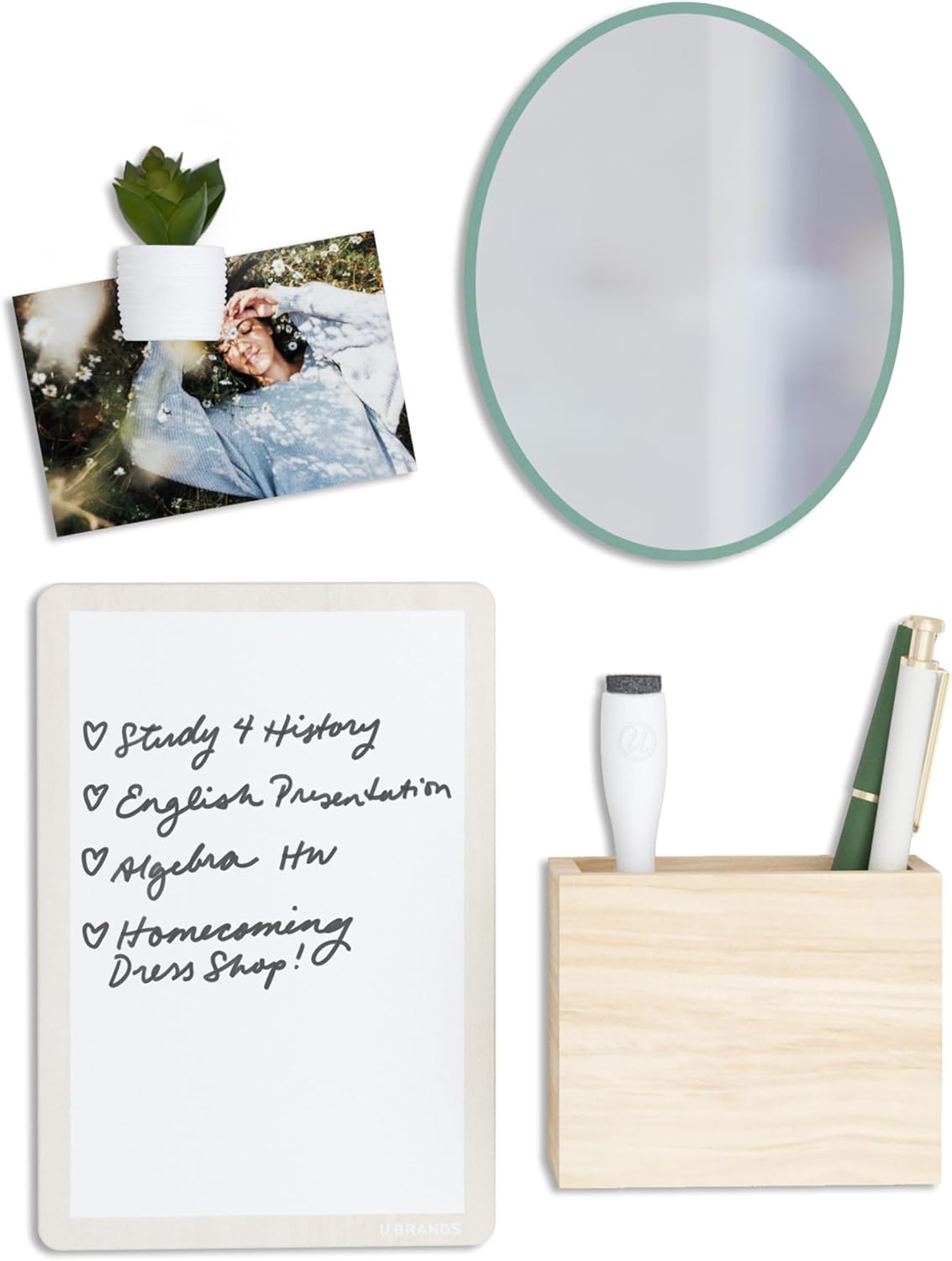 U Brands Magnetic Locker Garden Accessory and Decorating Kit, Back to School Essentials, Boho/Sage, 5 Piece, Mirror, Cup, and More