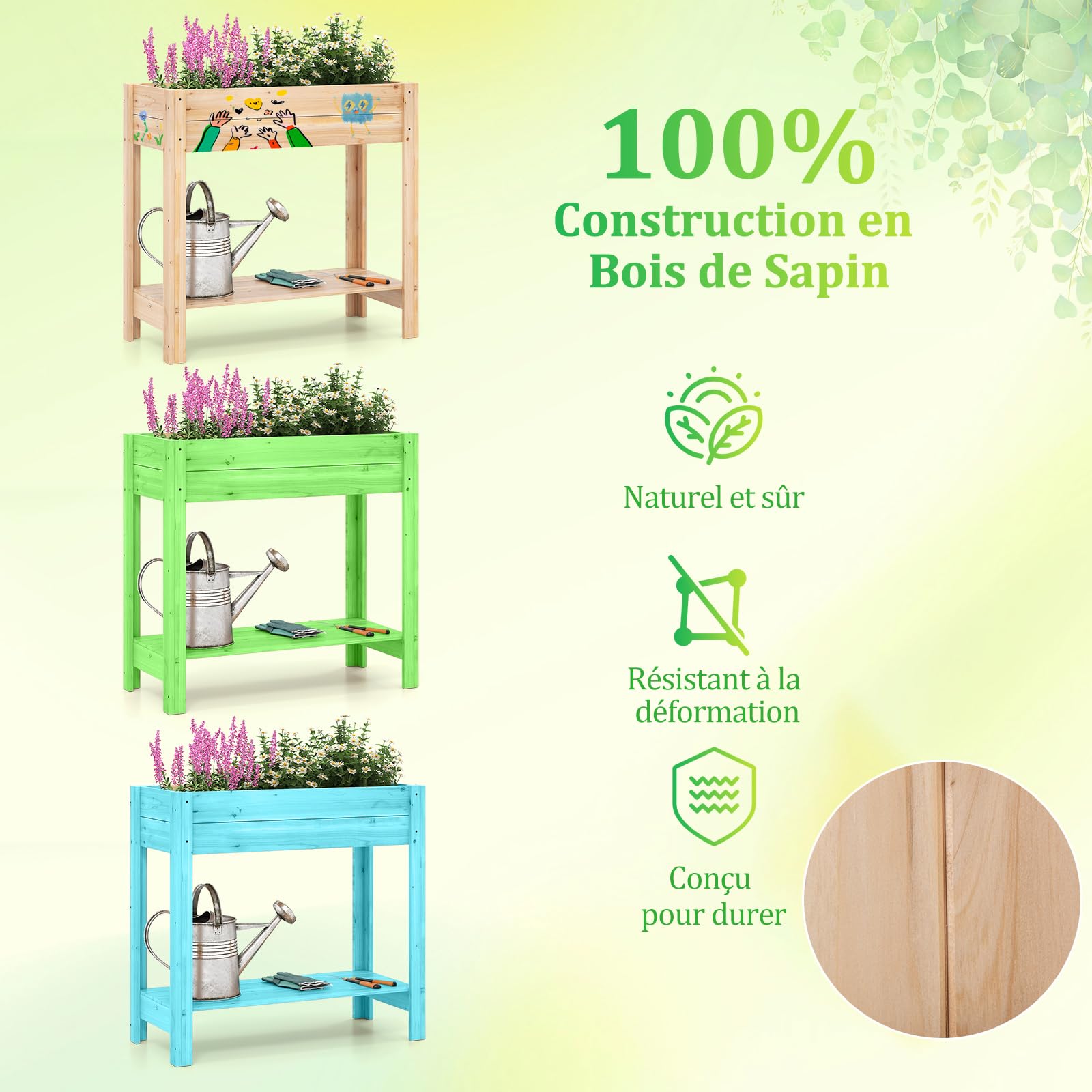 COSTWAY Jardinière Surélevée en Bois avec Pieds, Lit de Jardin avec Étagère de Rangement et Trous de Drainage, Conteneur pour Fleurs Herbes Légumes Fruits (81 x 38 x 76 cm)
