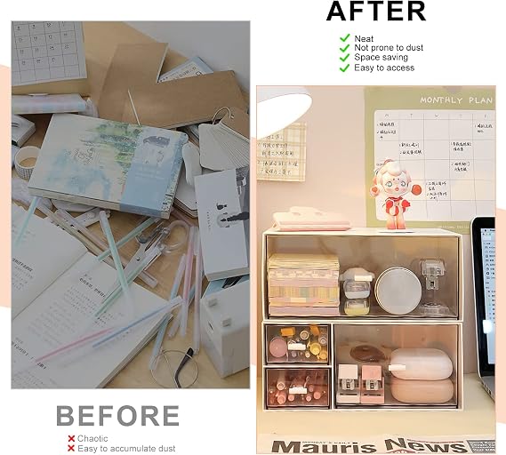 Desk Drawer Organizer, Makeup Organizer Storage Box with 4 Stackable Plastic Drawers, Desk Organizer for Home Collection Cosmetics Office Bathroom Counter Dresser (A)