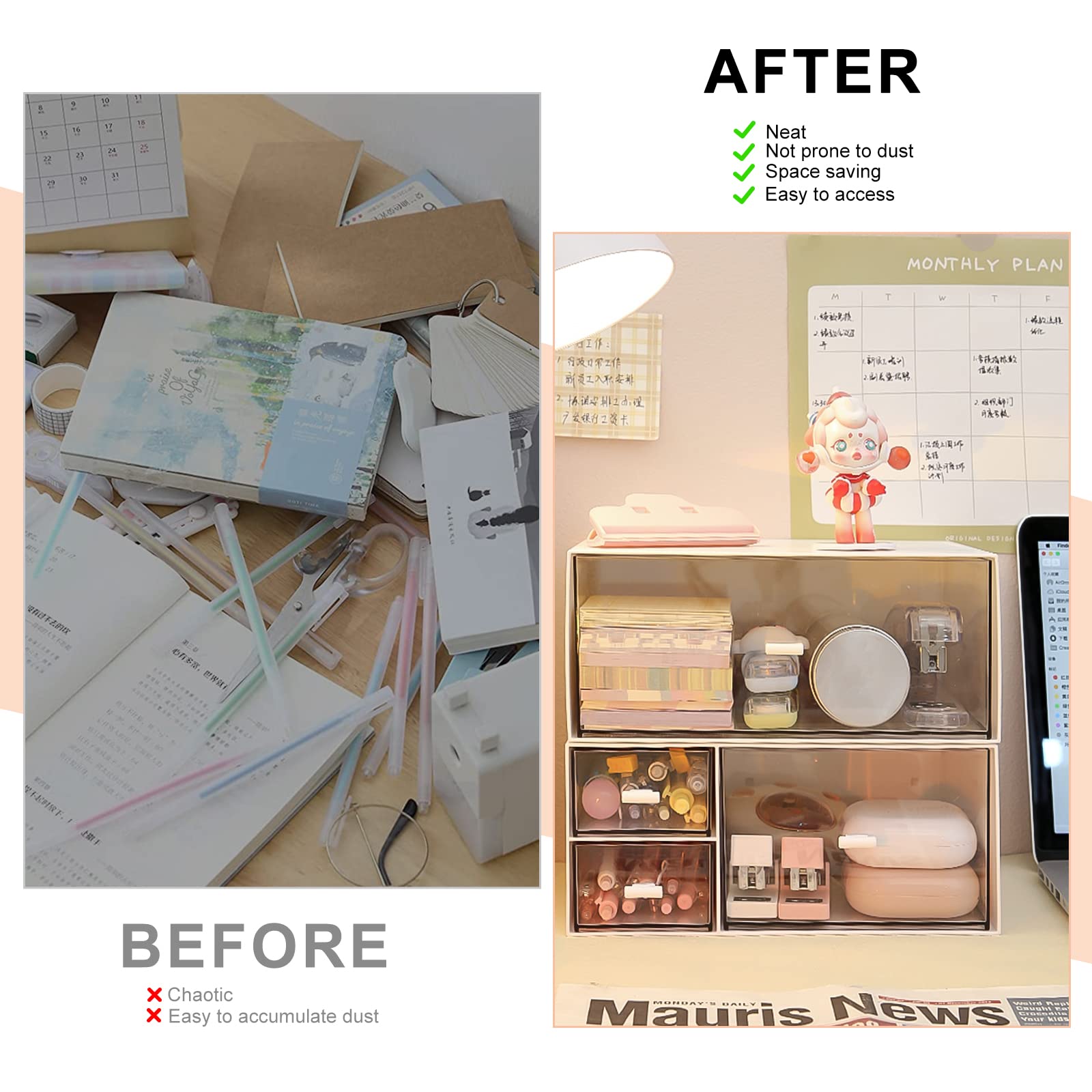 Organiseur de Bureau en Plastique avec Tiroirs, Empilable Grande Capacité, Boîte à Tiroirs pour Fournitures