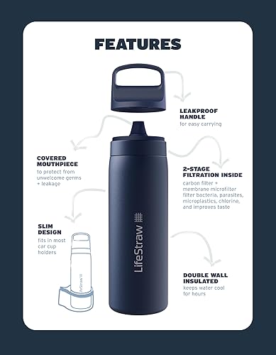 Miniatura 3 de LifeStraw Go Series - Botella de filtro de agua de acero inoxidable de 18 onzas sin BPA aislada al vacío de doble pared para viajes y uso diario