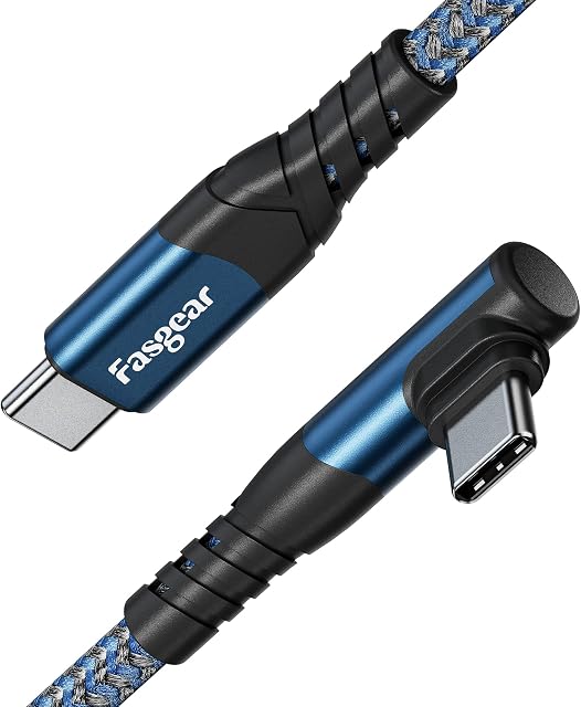 Fasgear USB C to USB C cable, 3m 60W Type C to Type C Right Angle 90 Degree, PD Fast Charging Charger Lead Compatible for Galaxy S22 S21 S20 Mac-Book i-Pad Pro i-Pad Air (10ft, Blue)