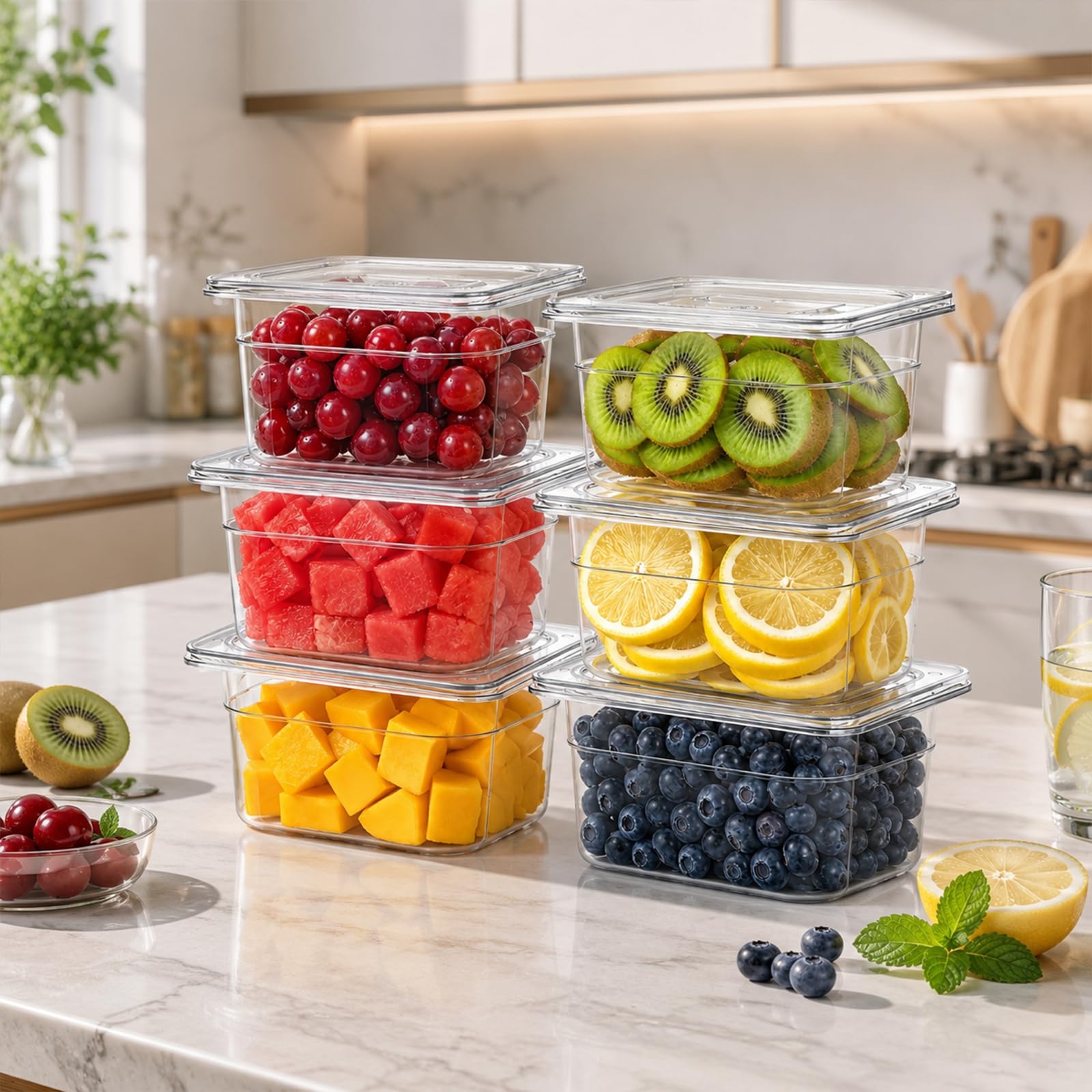 Bekith Confezione da 6 padelle Gastronorm da 1/6 con coperchio, contenitori per alimenti con coperchio, in plastica trasparente, contenitori per insalata, per cucina, ristorante, bar, 10 cm di