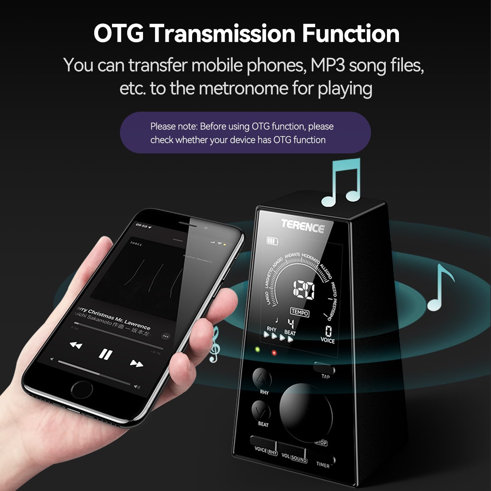 TERENCE Métronome Numérique Piano guitare basse eucliri instrument métronome électronique avec Haut - parleur LCD moniteur volume tempo réglable fonction de minuterie rechargeable tempo 30-252bpm