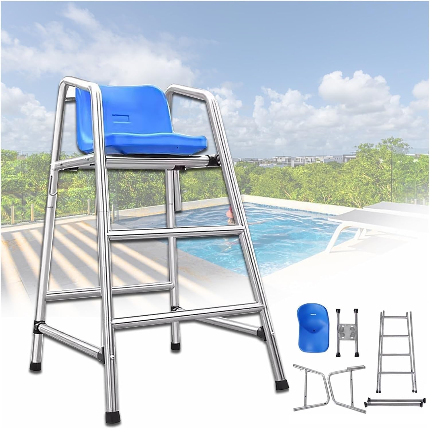 Escalera de piscina enterrada ajustable de 4 a 6 pies con parasol y ganchos, escalera de seguridad para cubiertas y piscinas al aire libre