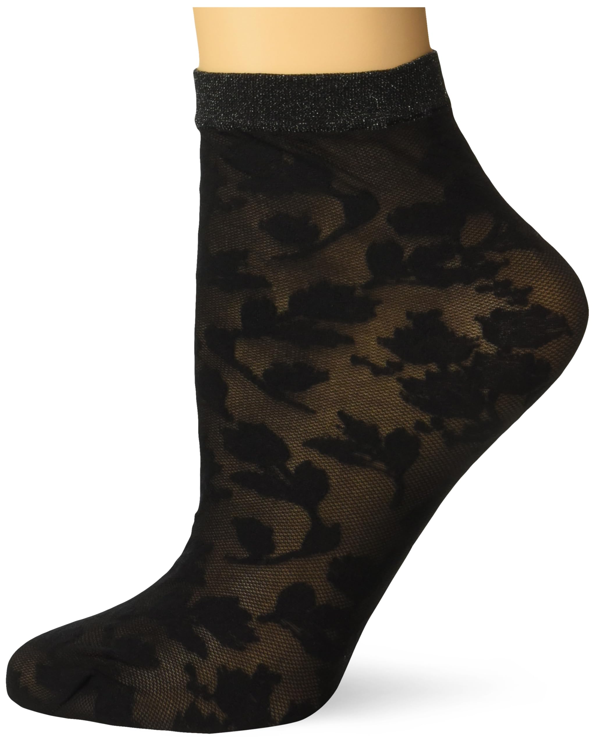 Pretty PollyWomen's Floral Ankle Highs - sheer ankle sock with floral lace and glitter band, Black (Black Mix), One Size