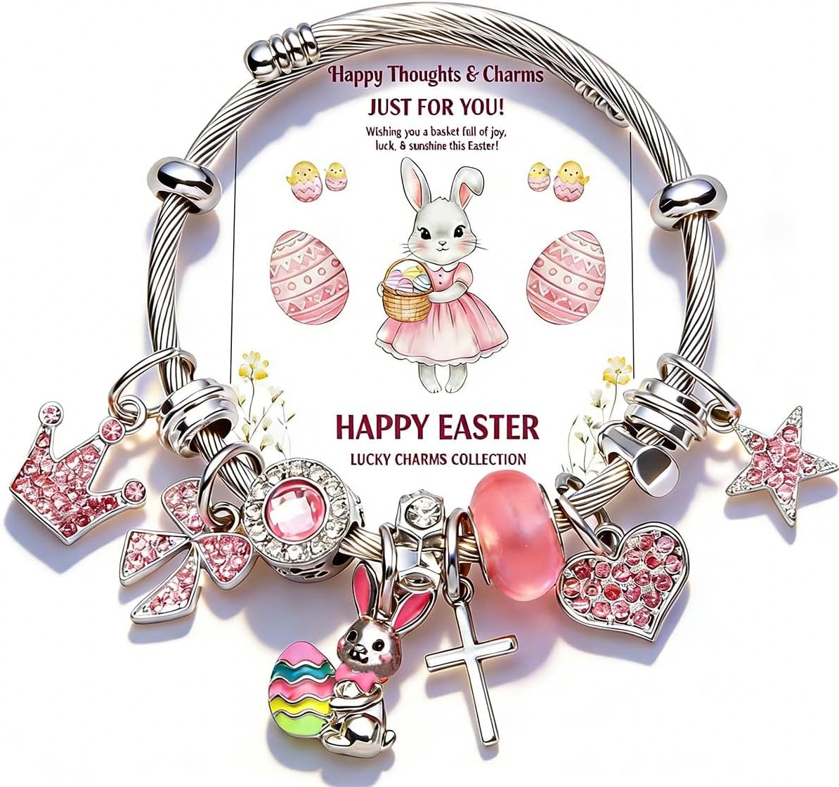 Happy Easter Bracelet Gifts, Adjustable Bunny Easter Egg Cross Charms Bangle, Easter Basket Stuffers, Christian Religious Jewelry Gifts with Greeting Card