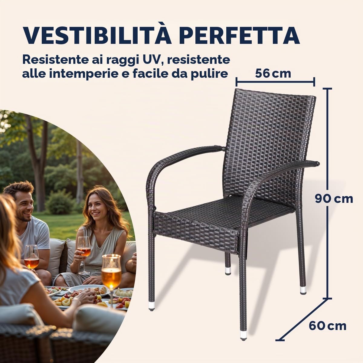 Casaria® Set 4 Sedie da Giardino in Polyrattan Impilabili Regolabili con Portata di 160 kg per Balcone Terrazza Sedia Esterno Sedia da Tavolo | Sedie impilabili da esterno con bracciolo, capacità 160 kg, per campeggio, patio, balcone, terrazza, terrazza,