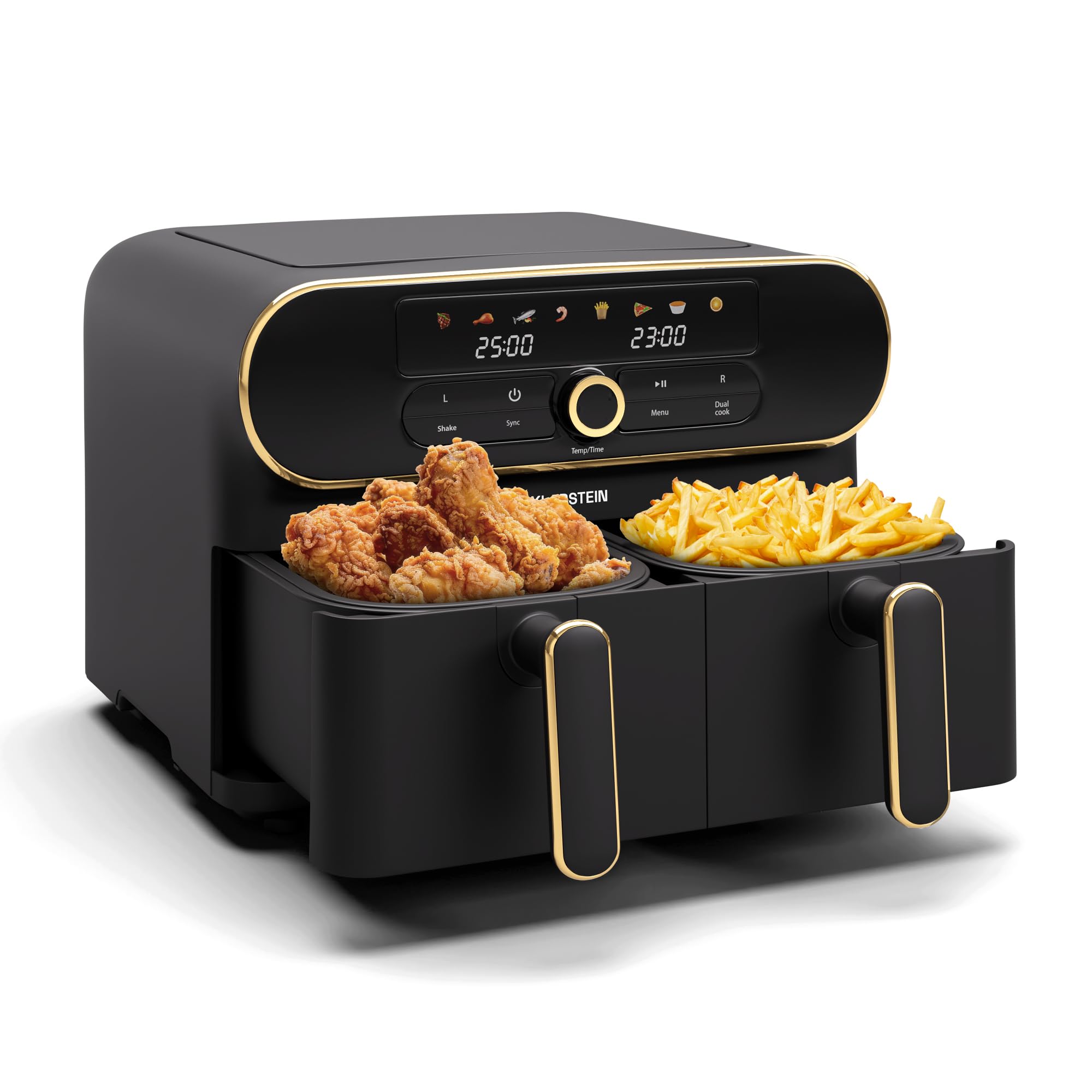 Klarstein AuraAir Colour Touch Dual Air fryer – 10L, 2 Drawer Air Fryer, 1700W, Colour Touch Display, 8 Programs, Non-Stick, Overheat Protection, Auto Switch-Off, Less Fat, Black/Gold
