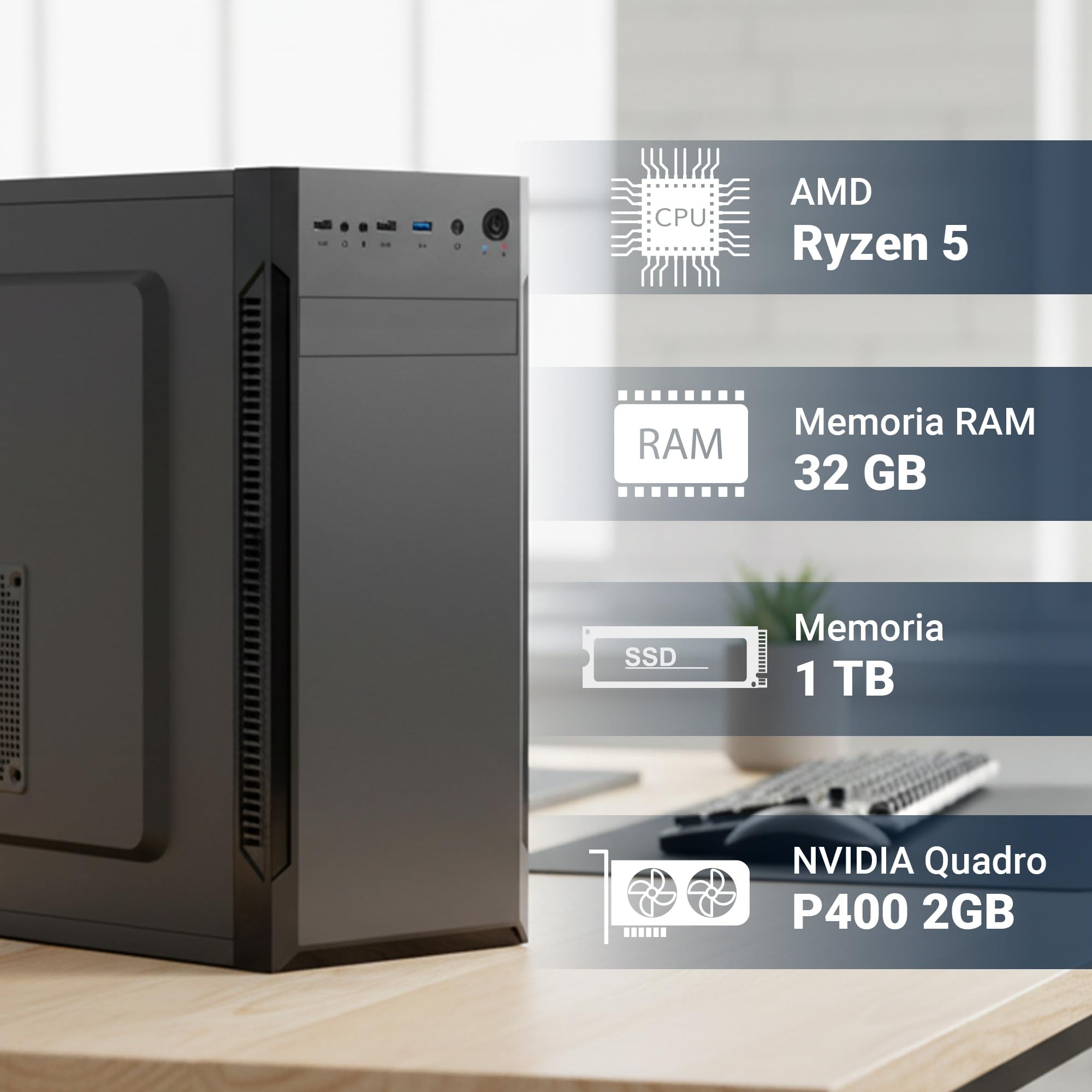 PC Fisso Completo Desktop AMD Ryzen 5 4500 32GB DDR4 1TB NVMe M.2 Quadro P400 2GB Wi-Fi AC Bluetooth Masterizzatore DVD HDMI USB 3.0 Windows 11 Pro