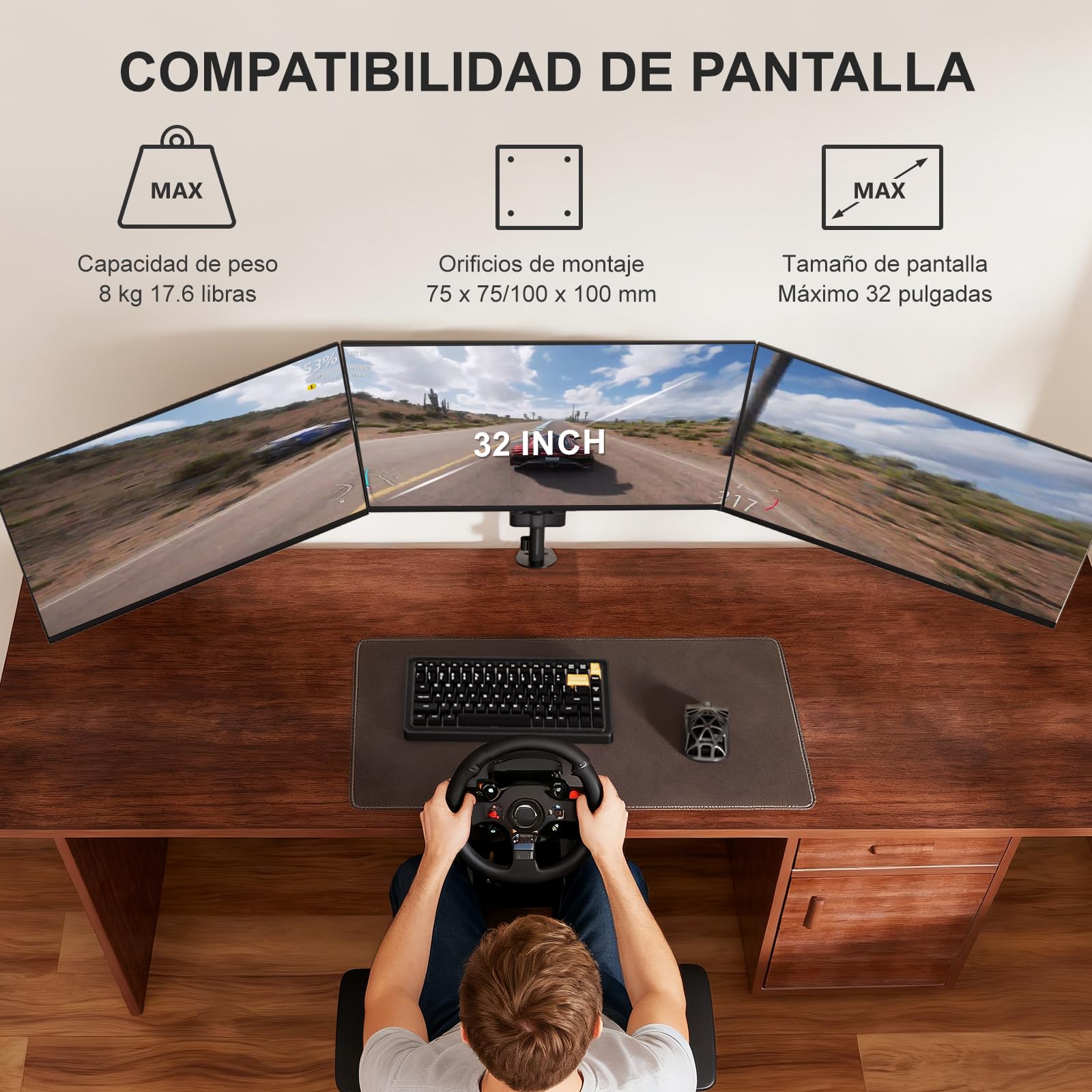 WALI Soporte para Tres Monitor para Pantalla para Pantallas de hasta 32 Pulgadas, Soporte de Monitor con Inclinación, Giro y Rotación, VESA 75 x 75/100 x 100 mm (GSDM003), Negro