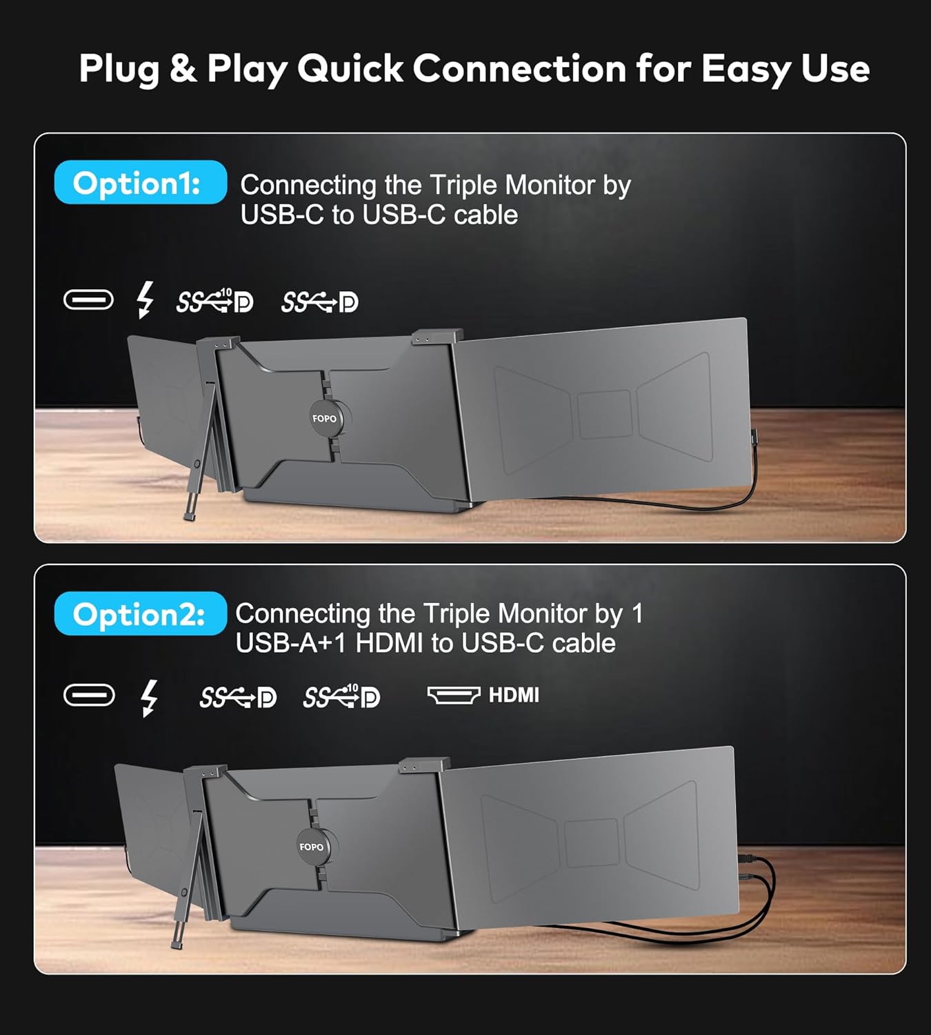 FOPO 15.6" Triple Portable Laptop Monitor, FHD 1080P IPS Screen Extender Portable Display for 15.6-17.3” Laptops, PnP Travel Laptop Screen Extender with USB-C&HDMI, Dual Monitor for Windows, Mac