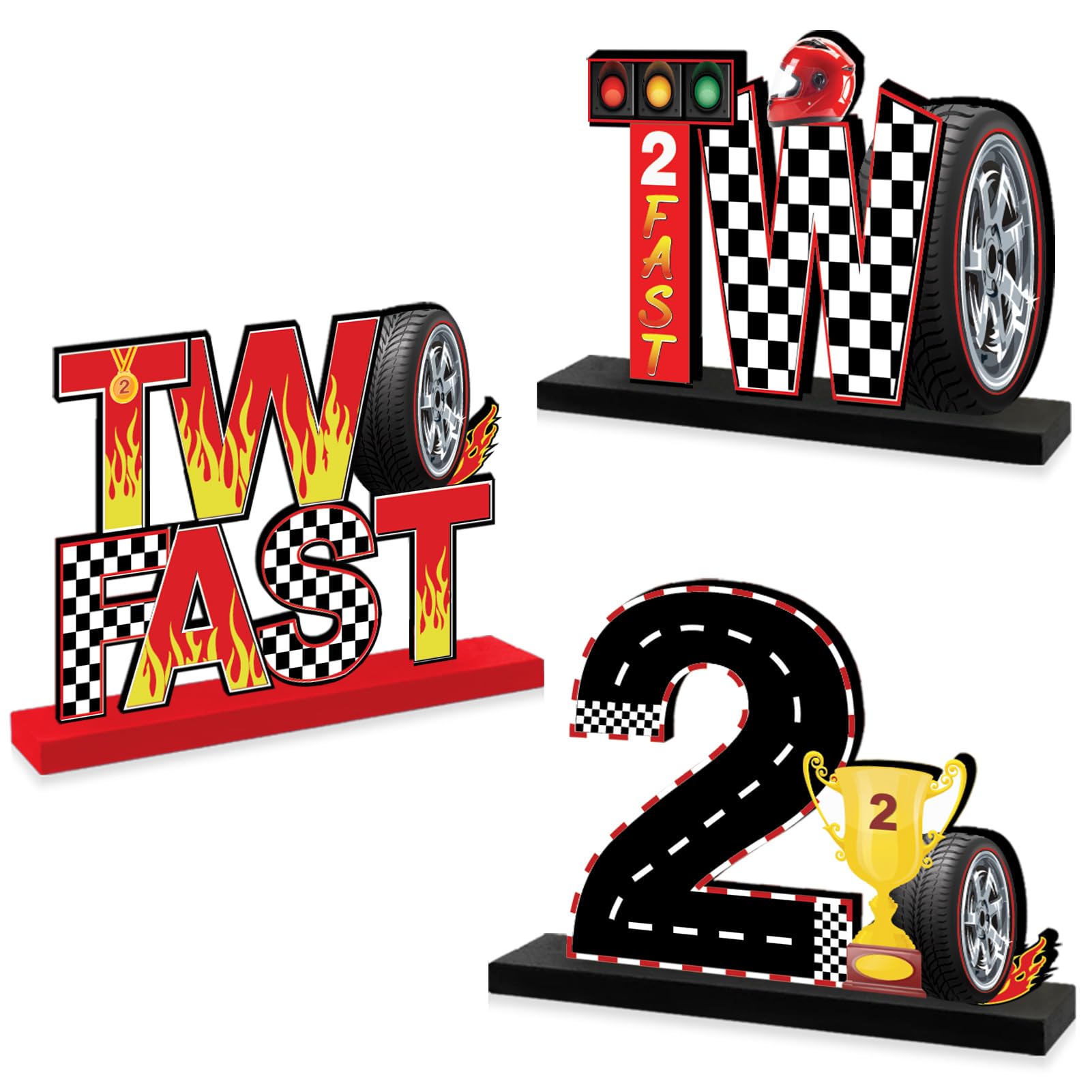 3PCS Race Car Two Fast Birthday Wooden Table Centerpieces for Baby Boys, Racing Car Themed Happy 2nd Birthday Table Sign Party Supplies, 2 Year Old Let's Go Racing Table Decor for Indoor Outdoor
