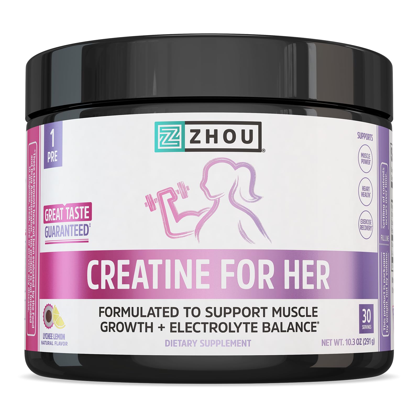 Zhou Creatine for Her - 5,000 mg Creatine Monohydrate Powder - Muscle Growth and Electrolyte Balance Support - with L-Carnitine - Lychee Lemon Flavor - Vegan, Non-GMO - 30 Servings, 10.3 OZ