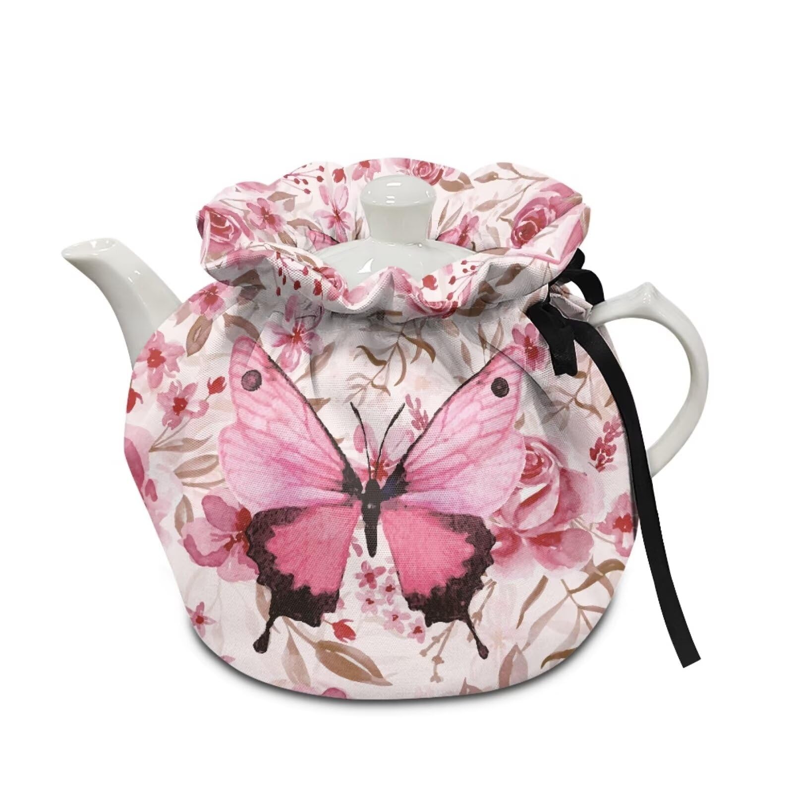 Pink Rose Butterfly Tea Cozy for Teapot, Heat Resistant Kitchen Teapot Dust Cover, Durable Kettle Dust Cover Home Kitchen Accessories