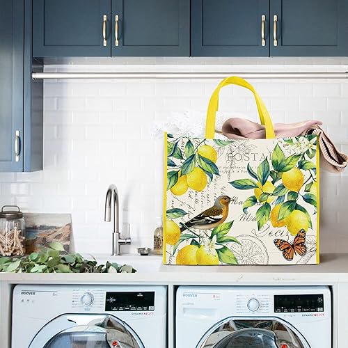 Miniatura 8 de NymphFable Paquete de 5 bolsas de compras reutilizables con limones, pájaros, mariposas, lavables, bolsas de tela