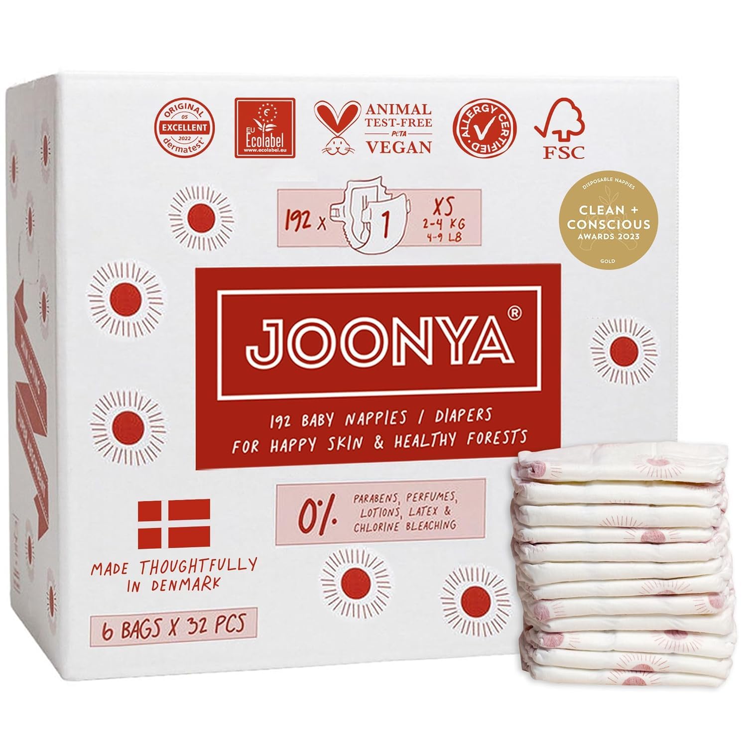 Joonya Baby Windeln, Größe 1 XS (2-4 kg) - 6 Beutel mit 32 Stück (192) - Schadstofffrei, Umweltfreundlich, Hohe Saugkraft, Für die Nacht, Ultraflach & Weich - Hergestellt in Dänemark