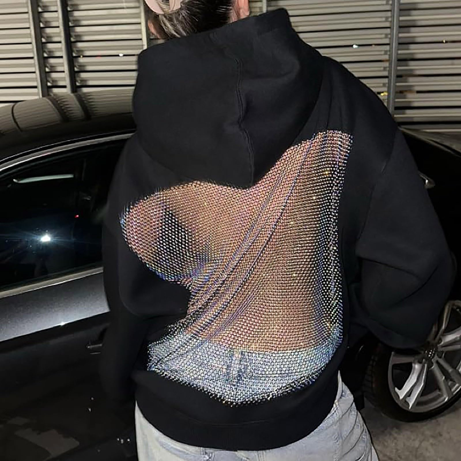 Sweat à Capuche pour Femme - Mesh Creuse - Paillettes - Sexy - Transparent - Dos Nu - avec Poches - Couleur Unie - Manches Longues Automne Hiver Décontracté Hoodie