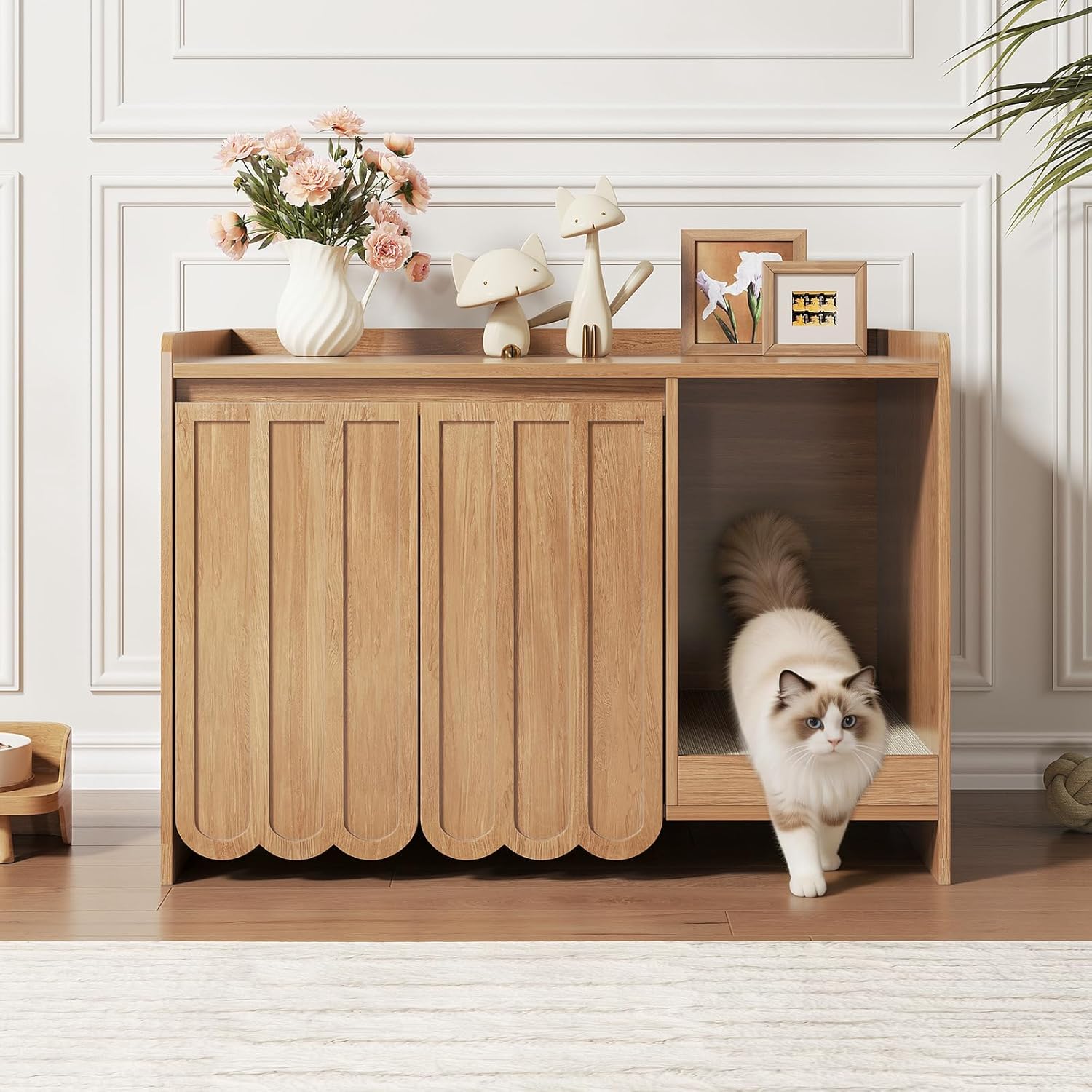 Cat Litter Box Enclosure with Scratch Pad, Hidden Litter Box with Soft-Close Hinges, Modern Fluted Cat Litter Box Furniture, Dog Proof Litter Box Cabinet, Side Table, Natural