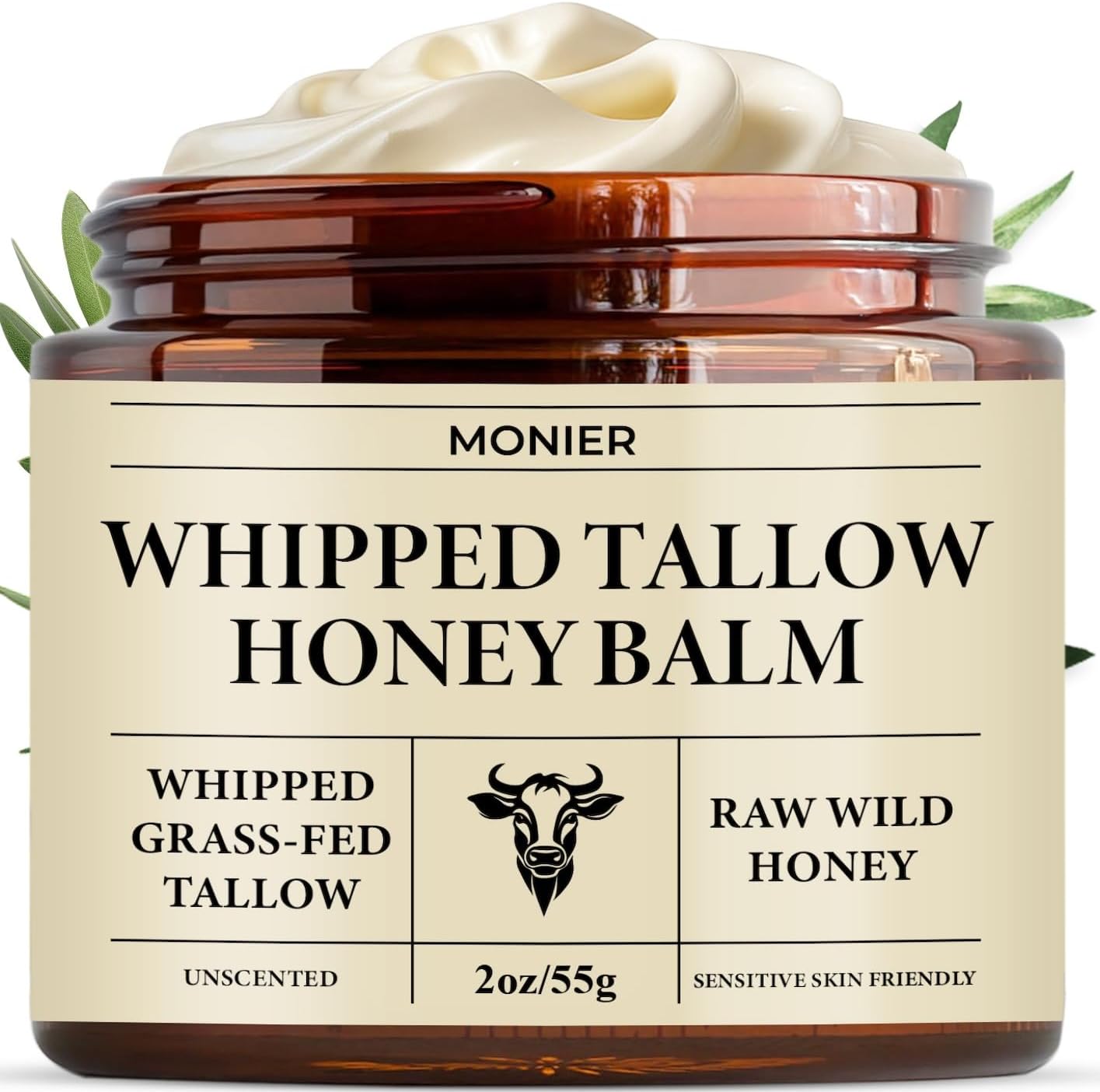 MONIER Whipped Beef Tallow for Skin, Tallow and Honey Balm for Face, Moisturizer with 100% Organic Grass-Fed Beef Tallow & Raw Wild Honey - Packaging May Vary - Dry & Sensitive Skin (Unscented)