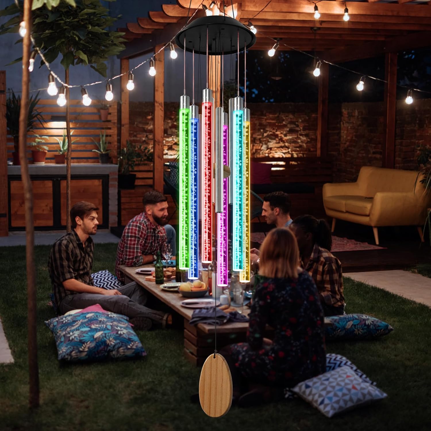 Solar Wind Chimes for Outside,37 Inch Memorial Wind Chimes Gifts for Mom Grandma, 6 LED Tubes Color Changing Waterproof Windchimes Hanging Ornament for Home Outdoor Patio Garden Yard