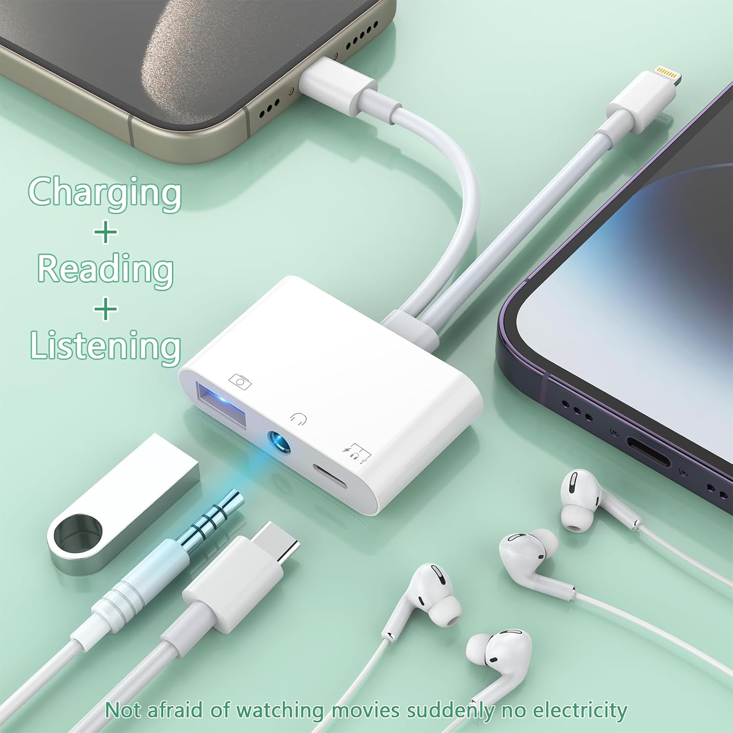 Lightning/USB C to 3.5mm Aux Audio Headphone Splitter Adapter Cable,USB OTG Camera Adapter+3.5mm Jack+Type-C Earphone/Charge Port,Phone Splitter for iPhone 15/14/13,Samsung,iPad